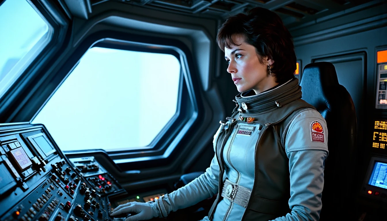 nostromo style,
woman wearing retro futuristic spacesuit, armor, spaceship interior, cockpit, window, control panels, buttons, switches, screens, greebles, textured wall, wall pads, science fiction, horror,
extremely detailed:1.2, sharp:1.2, bold outlines,
sharp focus, detailed face, clear eyes, Detailed perfect hand