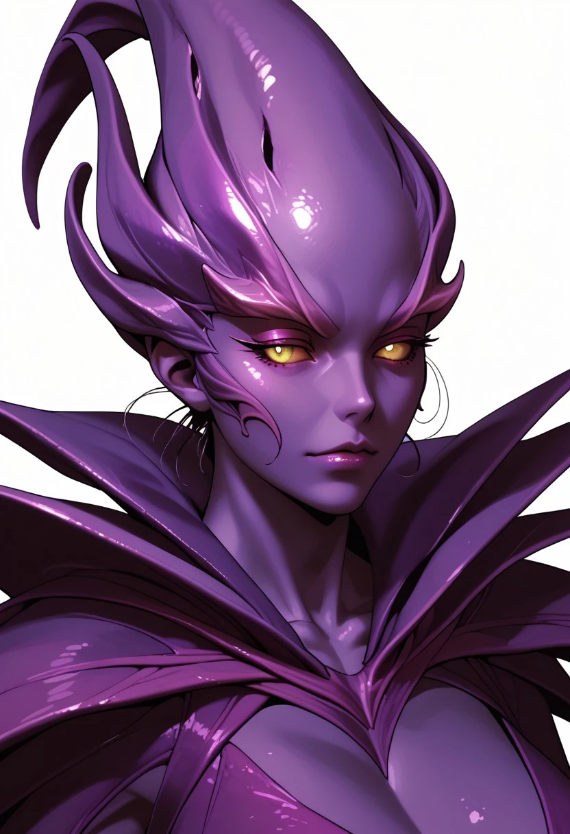 masterpiece,best quality, highly detailed, score_9, score_8_up, score_7_up, score_6_up, tomoyuki kotani, portrait, mature female, 1girl, spectre_dota2, portrait, purple skin, full body, got spring