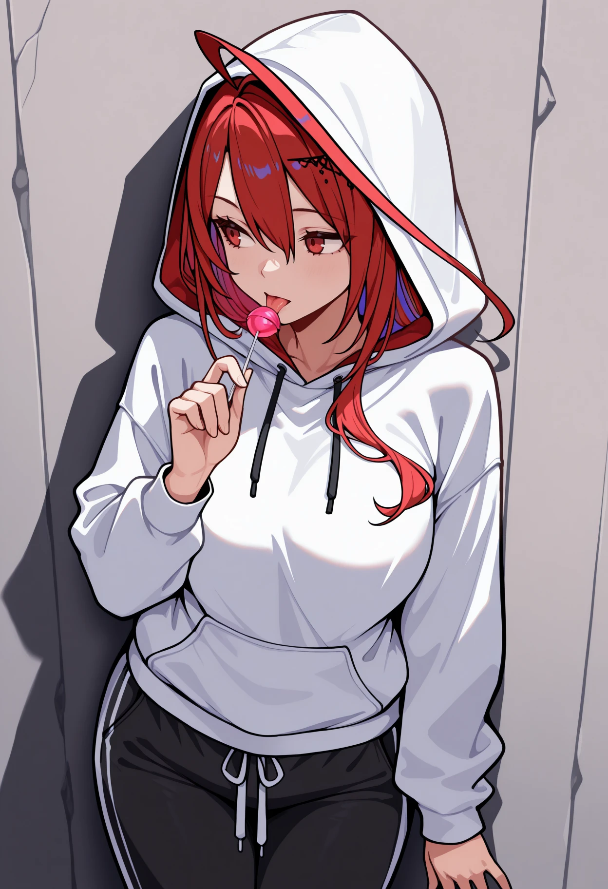 masterpiece, best quality, 1girl, solo, El1zabethRB, red eyes, red hair, colored inner hair, long hair, huge ahoge, hair ornament, white hoodie, hood up, long sleeves, sweatpants, black pants, leaning against wall, holding lollipop, licking lollipop, tongue out, looking to the side, <lora:ChamElizabethRoseBloodflameV2IllustriousXL:1>