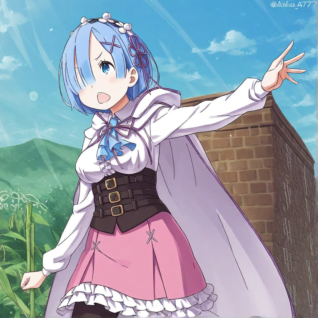 rem(arc7-8), wears a long-sleeved pink dress, with white frills at the hem of the long skirt, pink boots, black leggings, and a pink cloak, medium length sky blue hair that covers her right eye, large light blue eyes, has hair clips towards the left side of her hair, a flower-shaped ribbon on the same side of her hair, a maid hairband, ribbon colouring, large breasts, in a town, jungle, jungle vines, animals