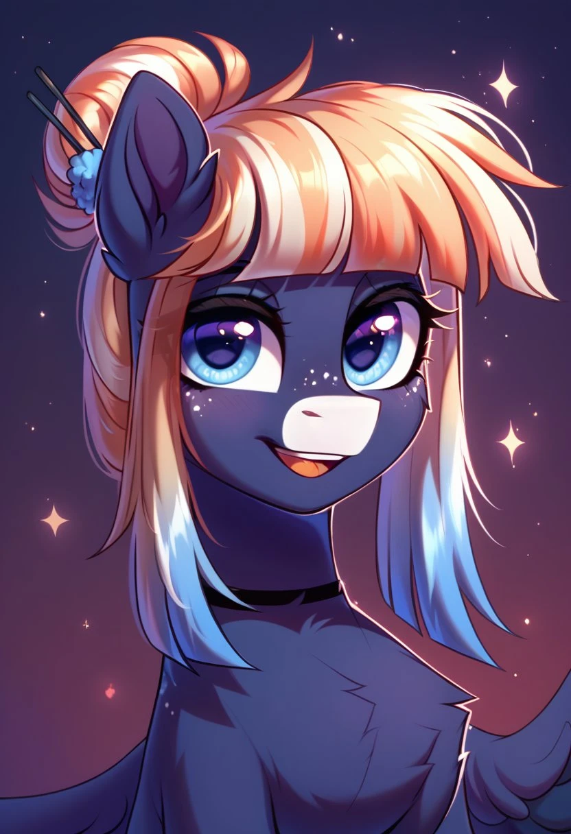 safe_pos, safe_pos, score_9, score_8_up, score_7_up, score_6_up,1 girl <lora:ockimono_silk:1>kimono silk,a dark purple-grey body with lighter grey hooves and a black collar, the mane and tail are long and gradient, going from peachy-white on top to light blue at the tips, the eyes are light blue, small dark spots scattered over the body, the ears are slightly pointed, the hair is styled into a loose bun and secured with sticks similar to a hair accessory,Pegasus (day), solo, pony, my little pony, body, shiny skin, looking at you, happy playful, cheerful dramatic solo <lora:3D_Animation_Diffusion_Pony_style:0.5>