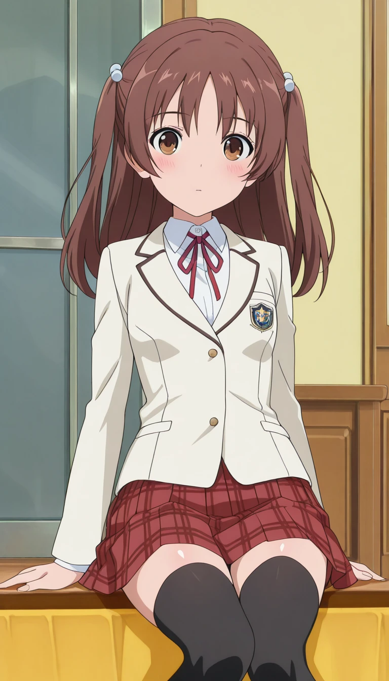 (masterpiece),best quality,amazing quality,very aesthetic,absurdres,newest,perfect body,shiny skin,perfect eyes,detail1eye,well-defined fingers,well-defined fingernails,anime style,indoors,1girl,solo,upper body,(portrait:1.5),looking at viewer,facing viewer,expressionless,blush,Uchida Yuka,long hair,brown hair,two side up,hair ornament,hair bobbles,bangs,brown eyes,school uniform,white jacket,blazer,neck ribbon,red ribbon,collared shirt,white shirt,small breasts,miniskirt,red skirt,pleated skirt,plaid skirt,zettai ryouiki,black thighhighs,loafers,<lora:Uchida Yuka(m-k)-Illus:2>,