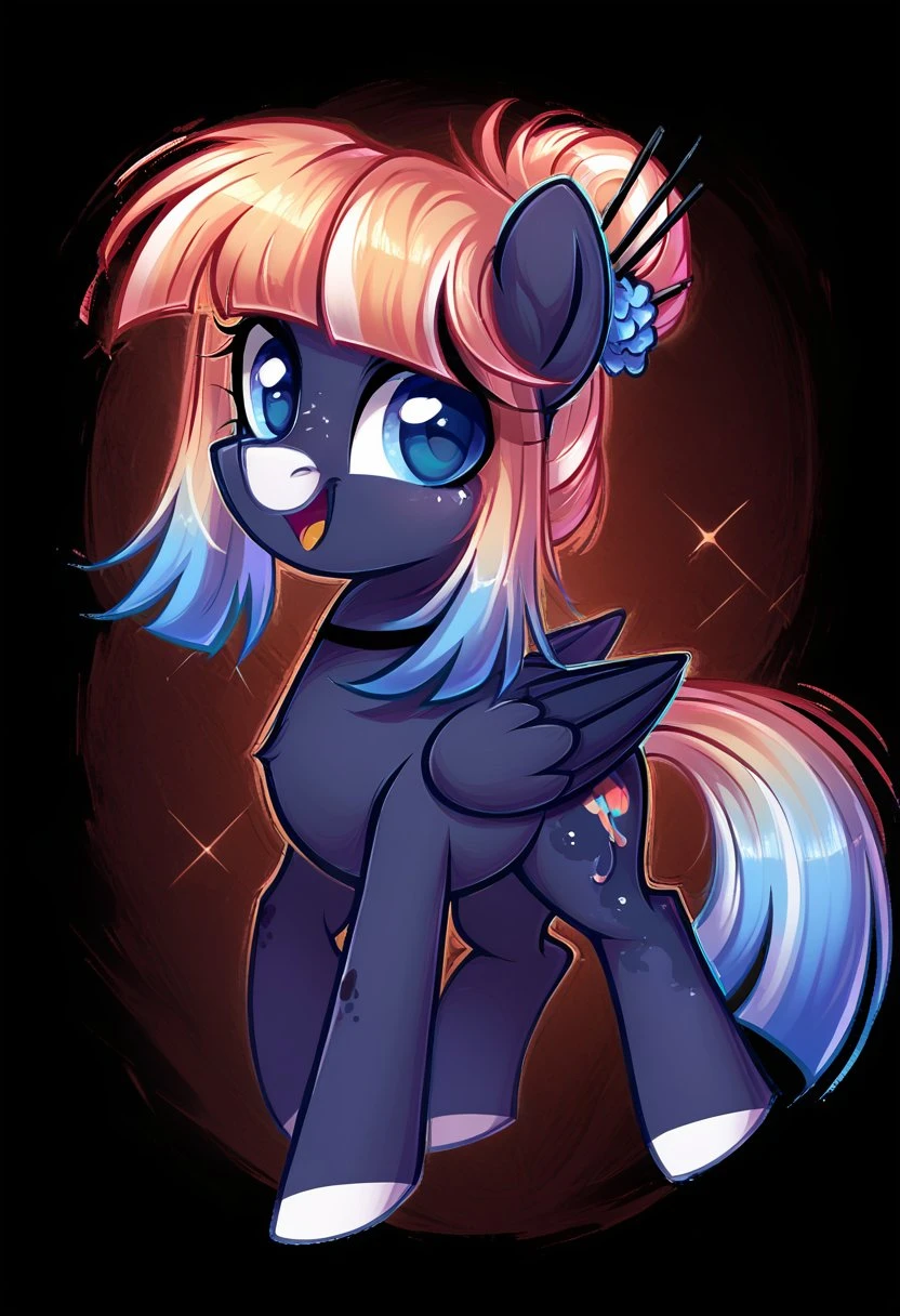 safe_pos, safe_pos, score_9, score_8_up, score_7_up, score_6_up,1 girl <lora:ockimono_silk:1>kimono silk,a dark purple-grey body with lighter grey hooves and a black collar, the mane and tail are long and gradient, going from peachy-white on top to light blue at the tips, the eyes are light blue, small dark spots scattered over the body, the ears are slightly pointed, the hair is styled into a loose bun and secured with sticks similar to a hair accessory,Pegasus
(day), solo, pony, my little pony, body, shiny skin, looking at you, happy playful, cheerful dramatic solo <lora:Thems_Fightin_Herds:1.1>