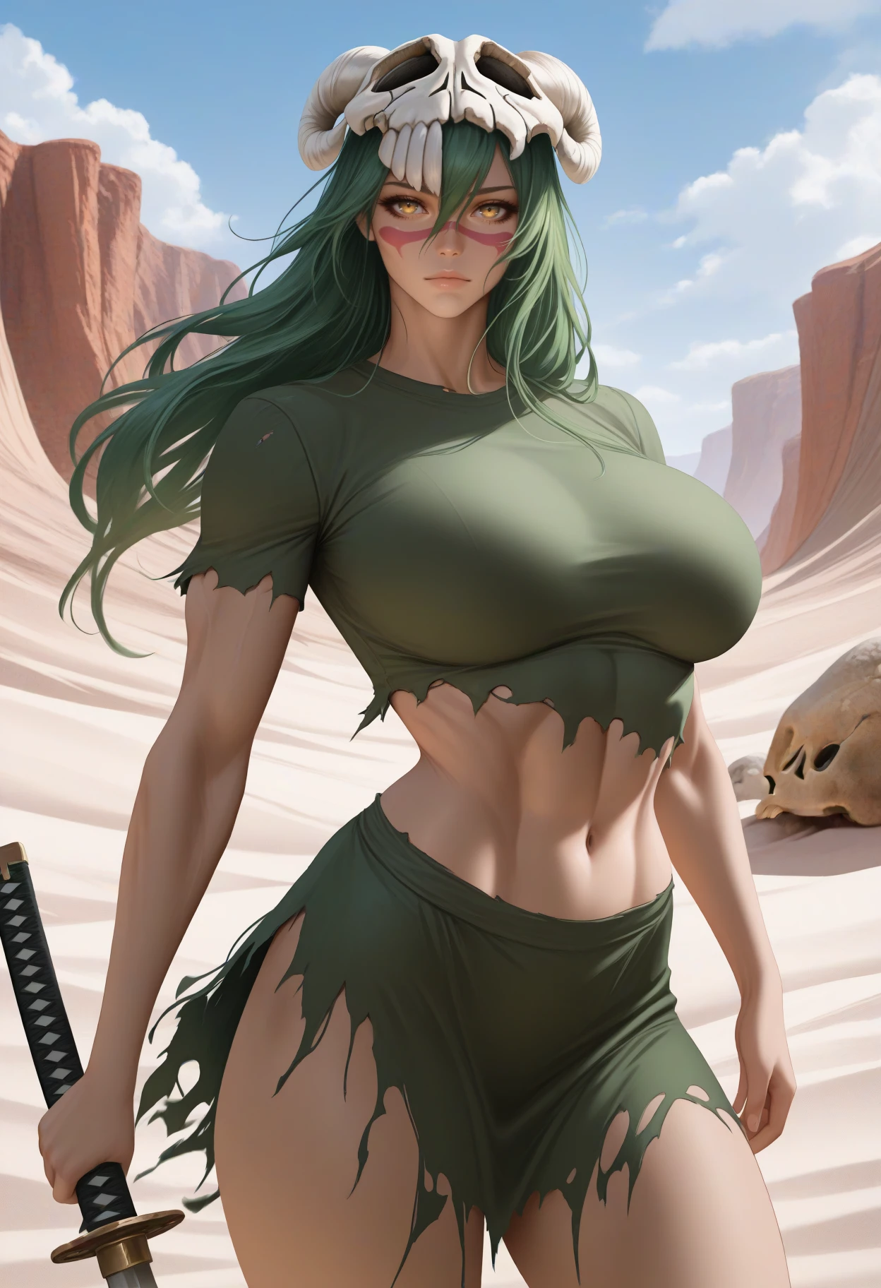 masterpiece, best quality, realistic, solo, 1girl, od3lschw4nck, toned, facial mark, expressionless, looking at viewer, standing, holding sword, katana, long hair, green hair, hair between eyes, skull, yellow eyes, torn clothes, green shirt, torn shirt, short sleeves, green skirt, torn skirt, navel, large breasts, outdoors, blue sky, cloud, canyon, sand, rock
<segment:yolo-Anzhc Face seg 640 v2 y8n.pt,0.4,0.5//cid=1>