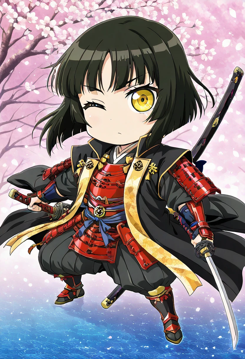 masterpiece, best quality, absurdres, detailed skin, detailed eyes, detailed face, anime colored, anime screencap, anime colored,
1 girl, medium hair, bob cut, yellow eye, single eye, chibi,
<lora:jinbaori:0.6>, jinbaori, armor, katana,
looking at viewer, cherry blossoms,
<lora:EXP_art_style:1>, EXP,