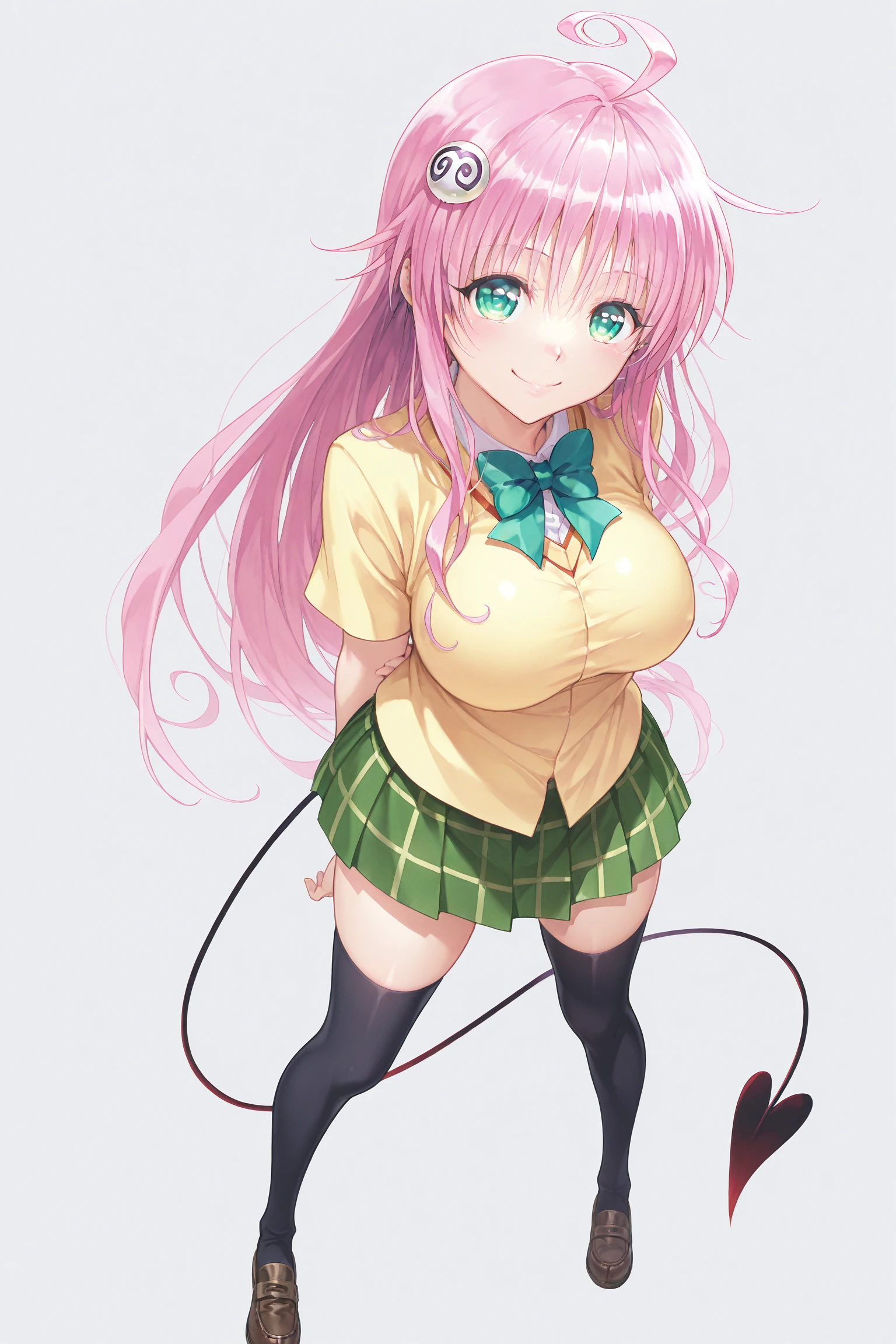 lala satalin deviluke,1girl,solo,pink hair,long hair,green eyes,demon tail,large breasts,hair ornament,ahoge,smile,
bowtie,sainan high school uniform,yellow shirt,pleated skirt,green skirt,plaid skirt,zettai ryouiki,black thighhighs,loafers,
standing,looking at viewer,simple background,
masterpiece,best quality,good quality,newest,highres,absurdres,