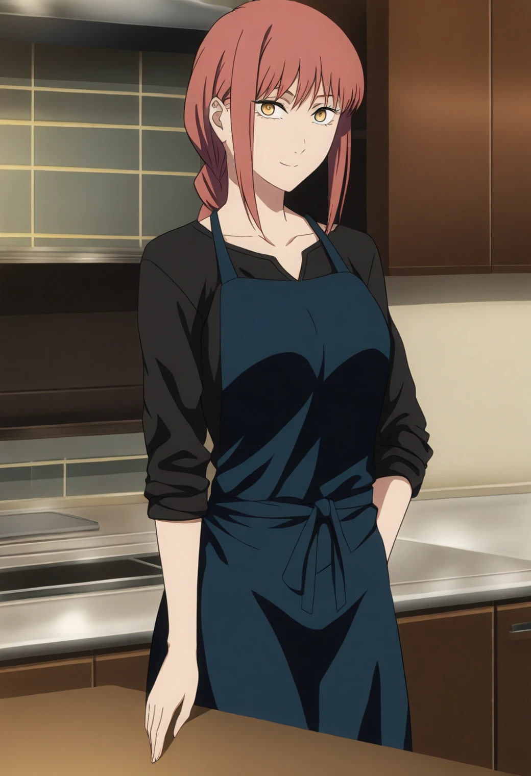<lora:Makima - [Chainsaw Man] - illustriousXL v1:1>, sysdeep_makima, long hair,  auburn  hair, braid, ponytail, yellow eyes, anime coloring, leaning on counter, kitchen, apron, casual clothes, playful expression