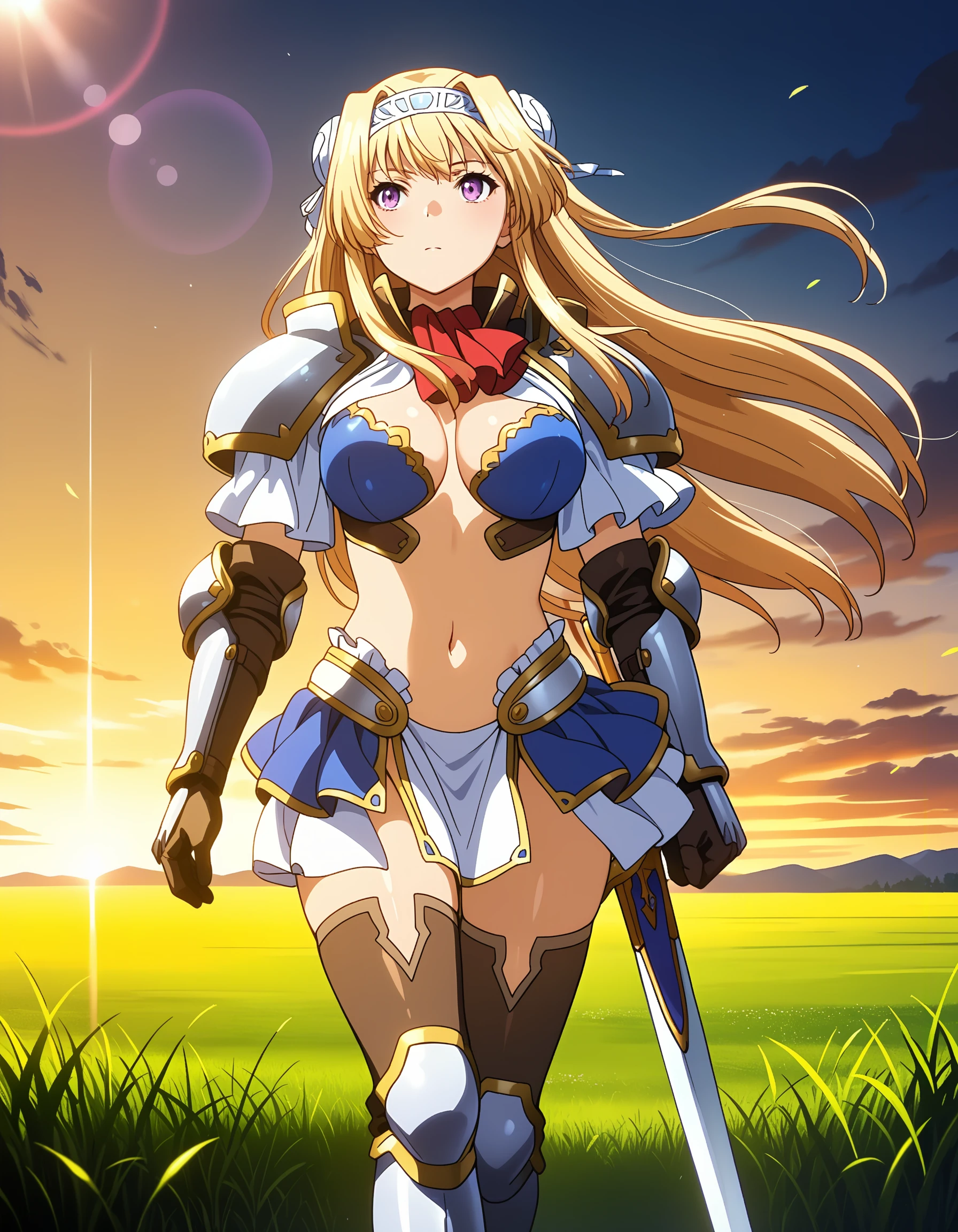 best quality, masterpiece, anime_screencap, hi res, best_quality, very aesthetic, absurdres, 8k, acak, 1girl, solo, female_focus,
hair bun, double bun, bun cover, headband,
floating hair, wind,
glamorous, slender, voluptuous,
large_breasts,
bikini armor, armor, red bow, pauldrons, gauntlets, thighhighs, greaves,
sheathed, sword,
navel, standing, walking, fantasy, outdoors, beautiful lighting, ray traced, lens flare, sunshine, beautiful sky, field
