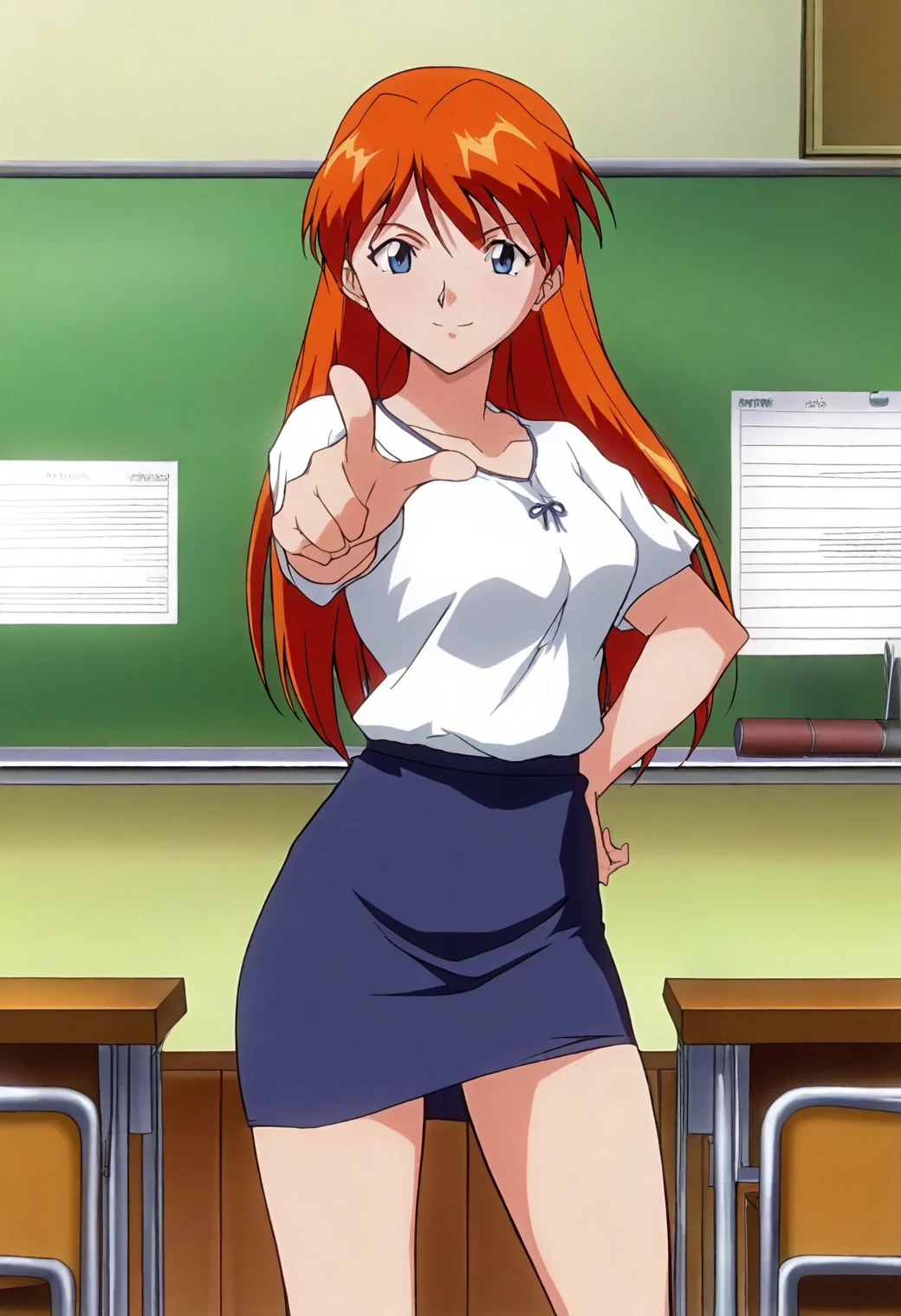 <lora:Asuka Langley - [Neon Genesis Evangelion] - illustriousXL v1:1>, sysdeep_asuka, brown orange hair, long hair, blue eyes, anime coloring, 1girl, solo, classroom, pointing to board, lesson in progress, white blouse, navy skirt, teaching pose, confident smile