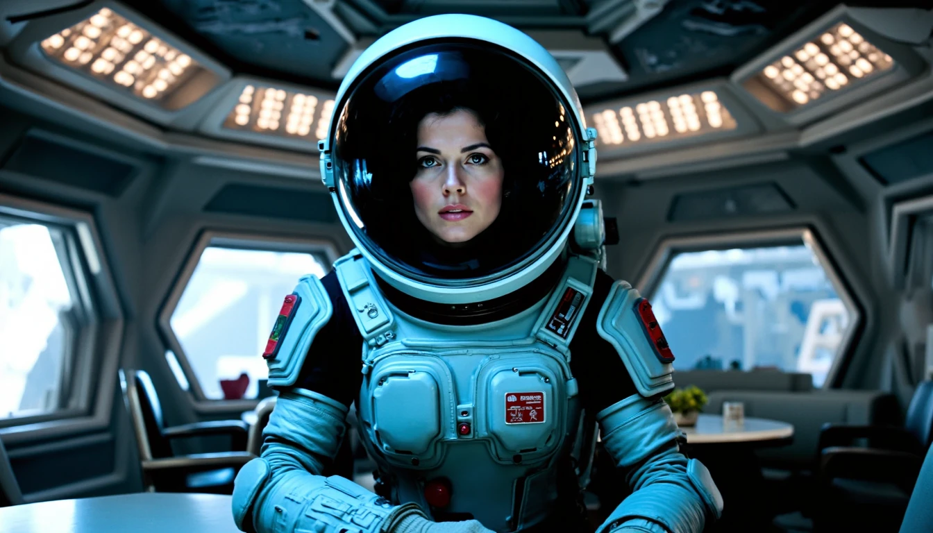 nostromo style,
woman wearing spacesuit, armor, spaceship interior, cafeteria, ceiling decoration, greebles, textured wall, wall pads, table, science fiction, horror,
extremely detailed:1.2, sharp:1.2, bold outlines,
sharp focus, detailed face, clear eyes, Detailed perfect hand