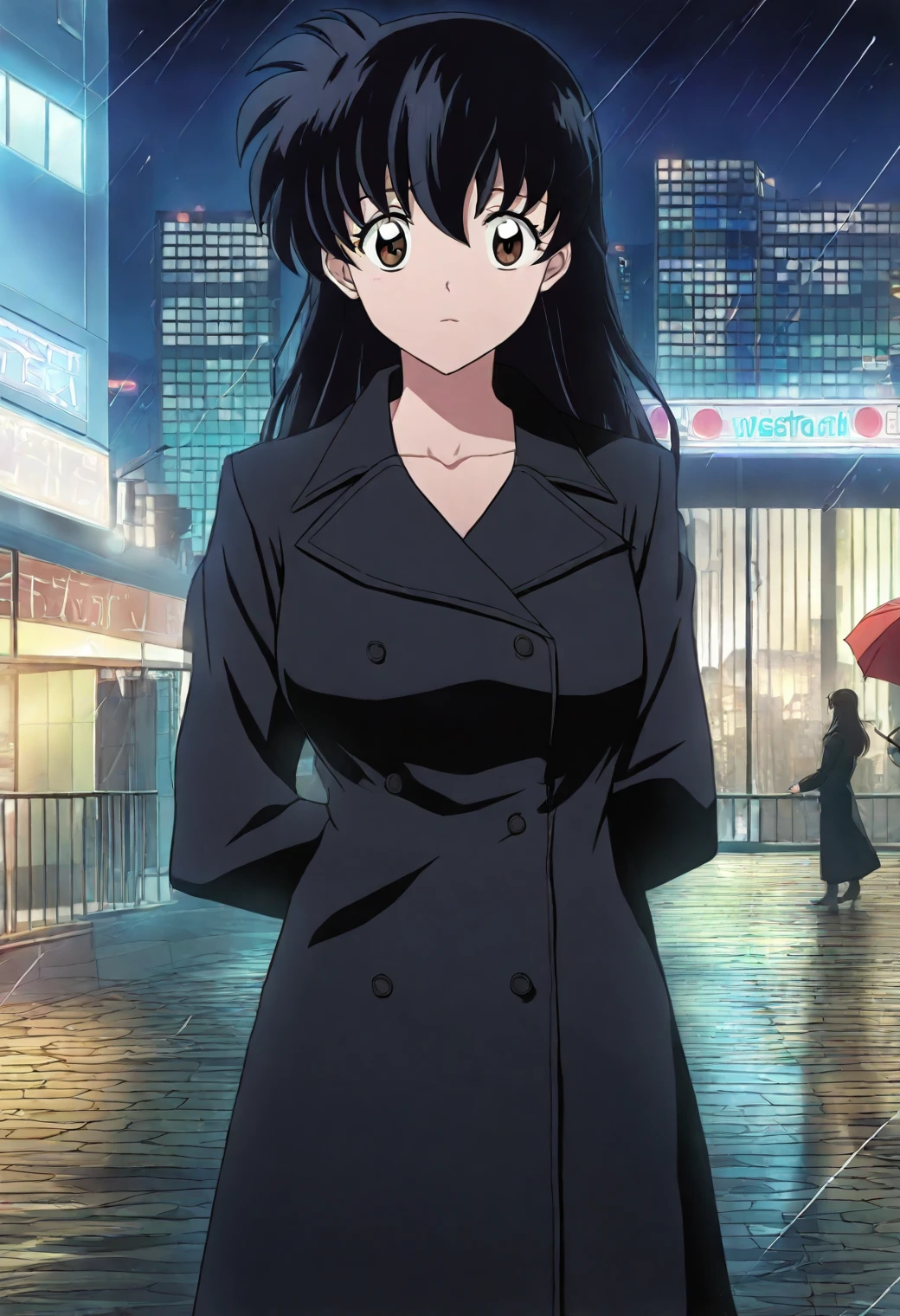 <lora:Kagome Higurashi - [InuYasha] - illustriousXL v1:1>, sysdeep_kagome, black hair, long hair, brown eyes, anime coloring, 1girl, solo, rainy city street, umbrella with neon glow, street reflections, long coat, wistful expression