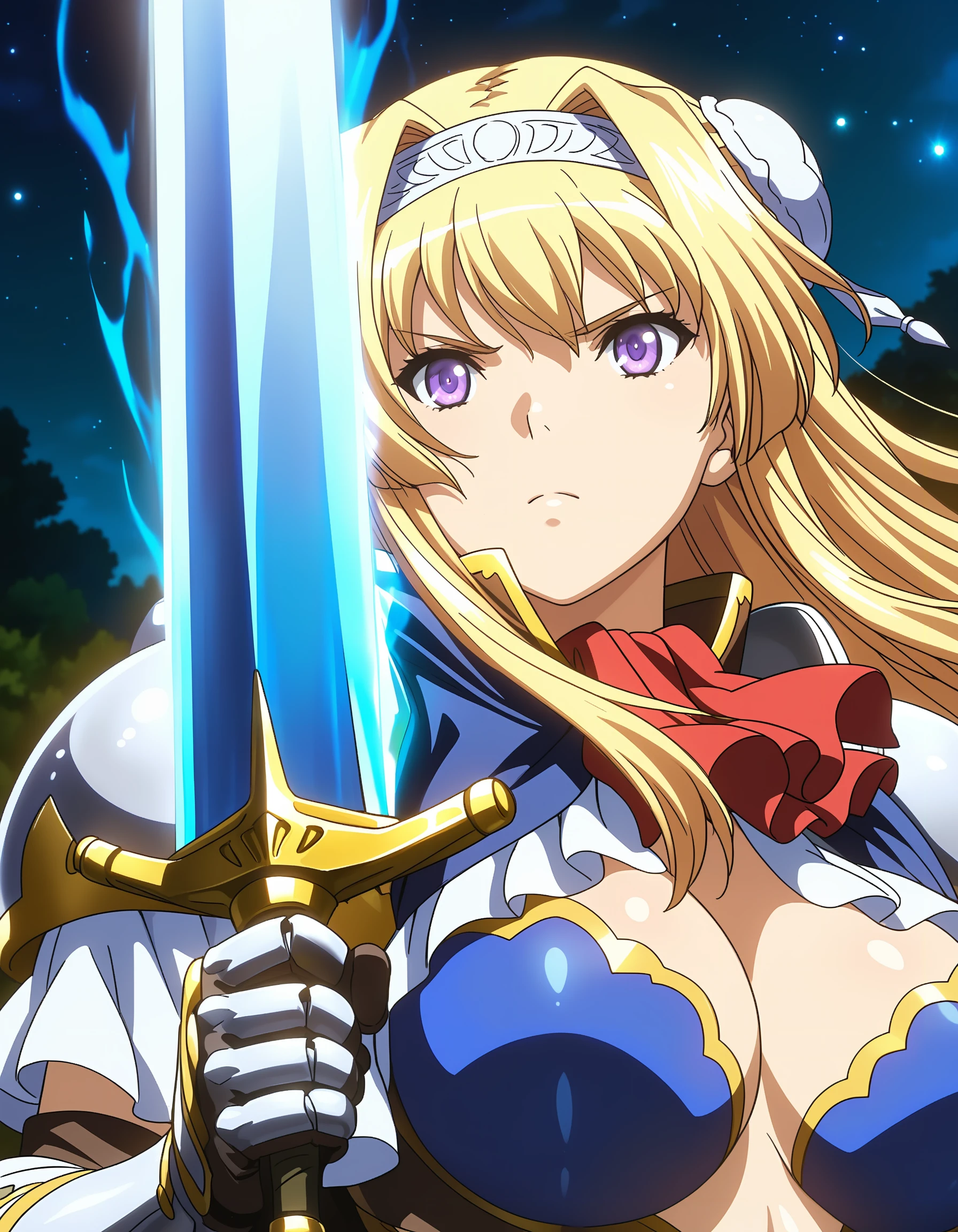 best quality, masterpiece, anime_screencap, hi res, best_quality, very aesthetic, absurdres, 8k, acak, 1girl, solo, female_focus,
hair bun, double bun, bun cover, headband,
serious,
glamorous, slender, voluptuous,
large_breasts,
bikini armor, armor, red bow, pauldrons, gauntlets,
upper body, standing, holding_weapon, holding sword,
moonlight greatsword ,holding sword, glowing weapon,
ultra_instinct, white and blue aura, floating hair,
close-up face, fantasy, outdoors, beautiful lighting, ray traced, lens flare, night, starry_sky, dark, shadow, moonlight