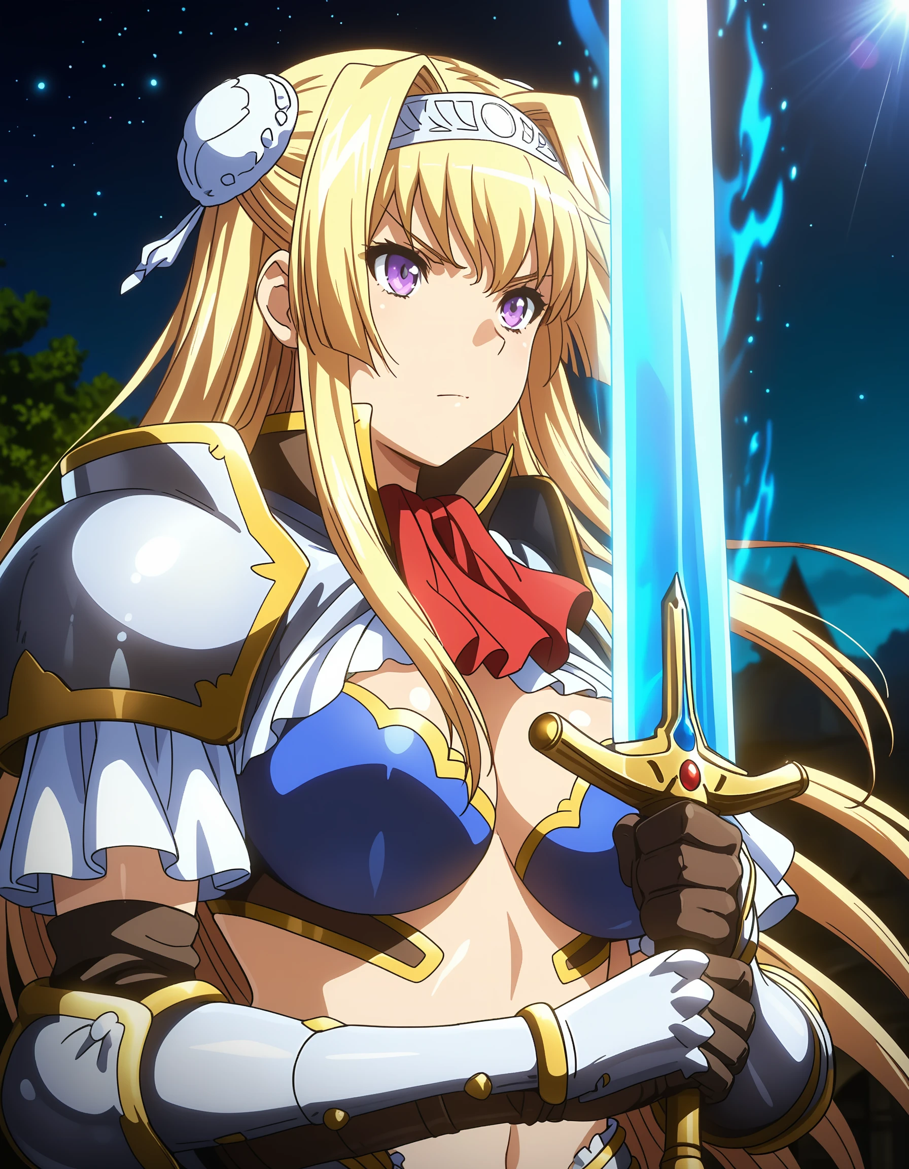 best quality, masterpiece, anime_screencap, hi res, best_quality, very aesthetic, absurdres, 8k, acak, 1girl, solo, female_focus,
hair bun, double bun, bun cover, headband,
serious,
glamorous, slender, voluptuous,
large_breasts,
bikini armor, armor, red bow, pauldrons, gauntlets,
upper body, standing, holding_weapon, holding sword,
moonlight greatsword ,holding sword, glowing weapon,
ultra_instinct, white and blue aura, floating hair,
close-up face, fantasy, outdoors, beautiful lighting, ray traced, lens flare, night, starry_sky, dark, shadow, moonlight