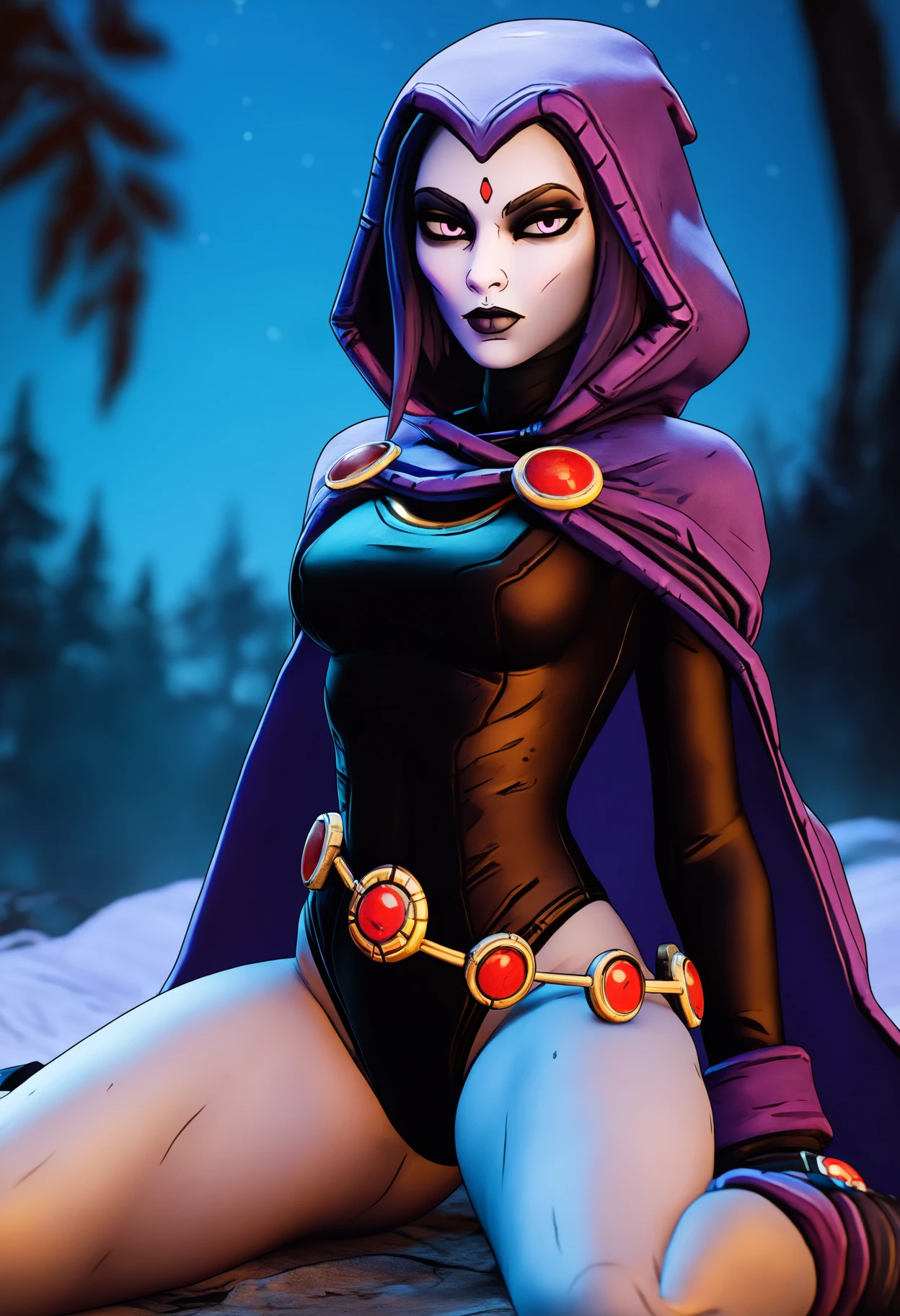 best quality, amazing quality, very aesthetic, absurdres,
1girl, solo, raven \(dc\), cloak, grey skin, thighs, outdoors, night sky, night, black leotard, long sleeves, purple hair, belt, wariza, sitting, looking at viewer  <lora:BorderlandsNoobLocon_byKonan:1>