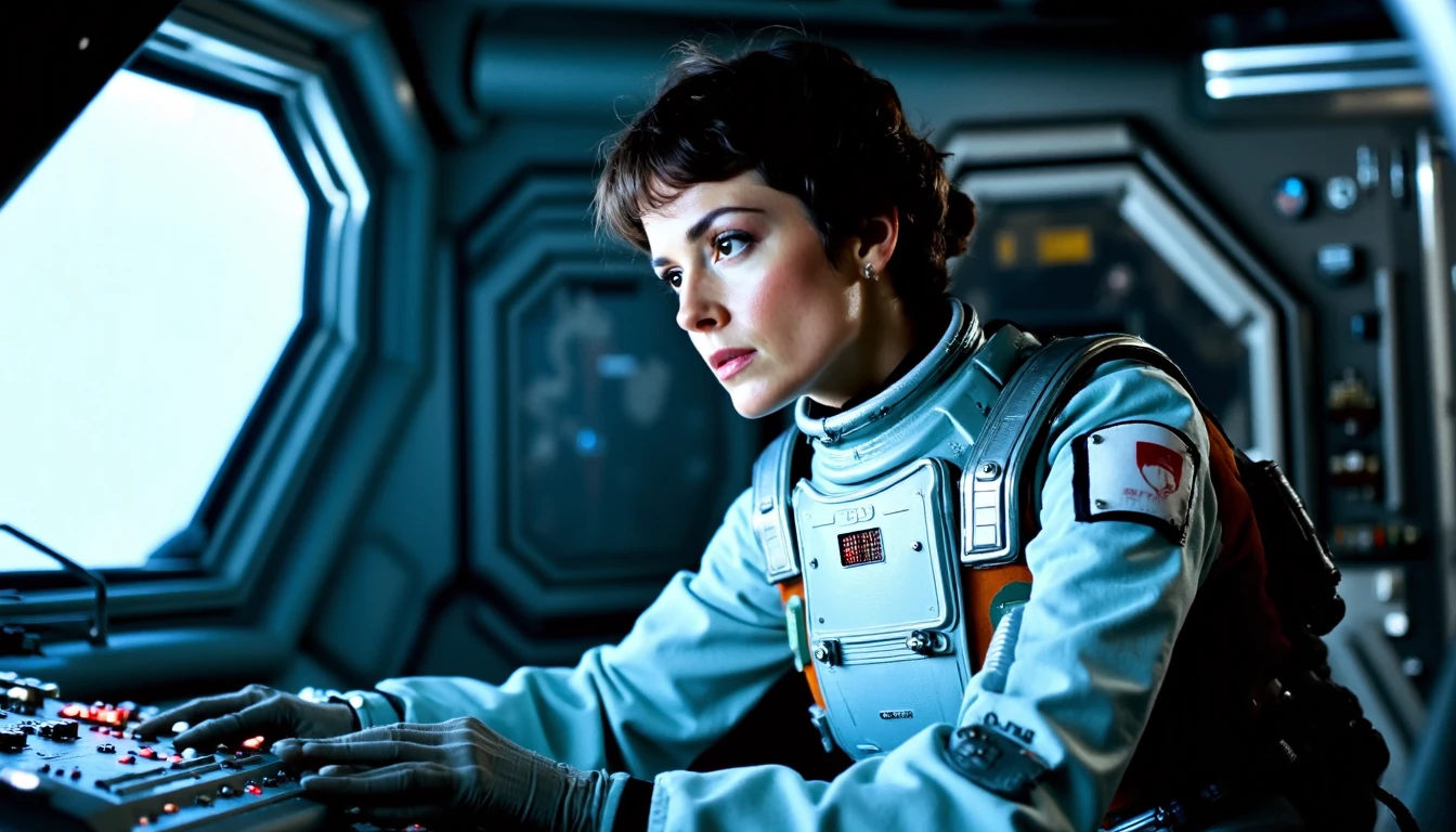 nostromo style,
woman wearing retro futuristic spacesuit, armor, spaceship interior, cockpit, window, control panels, buttons, switches, greebles, textured wall, wall pads, science fiction, horror,
extremely detailed:1.2, sharp:1.2, bold outlines,
sharp focus, detailed face, clear eyes, Detailed perfect hand