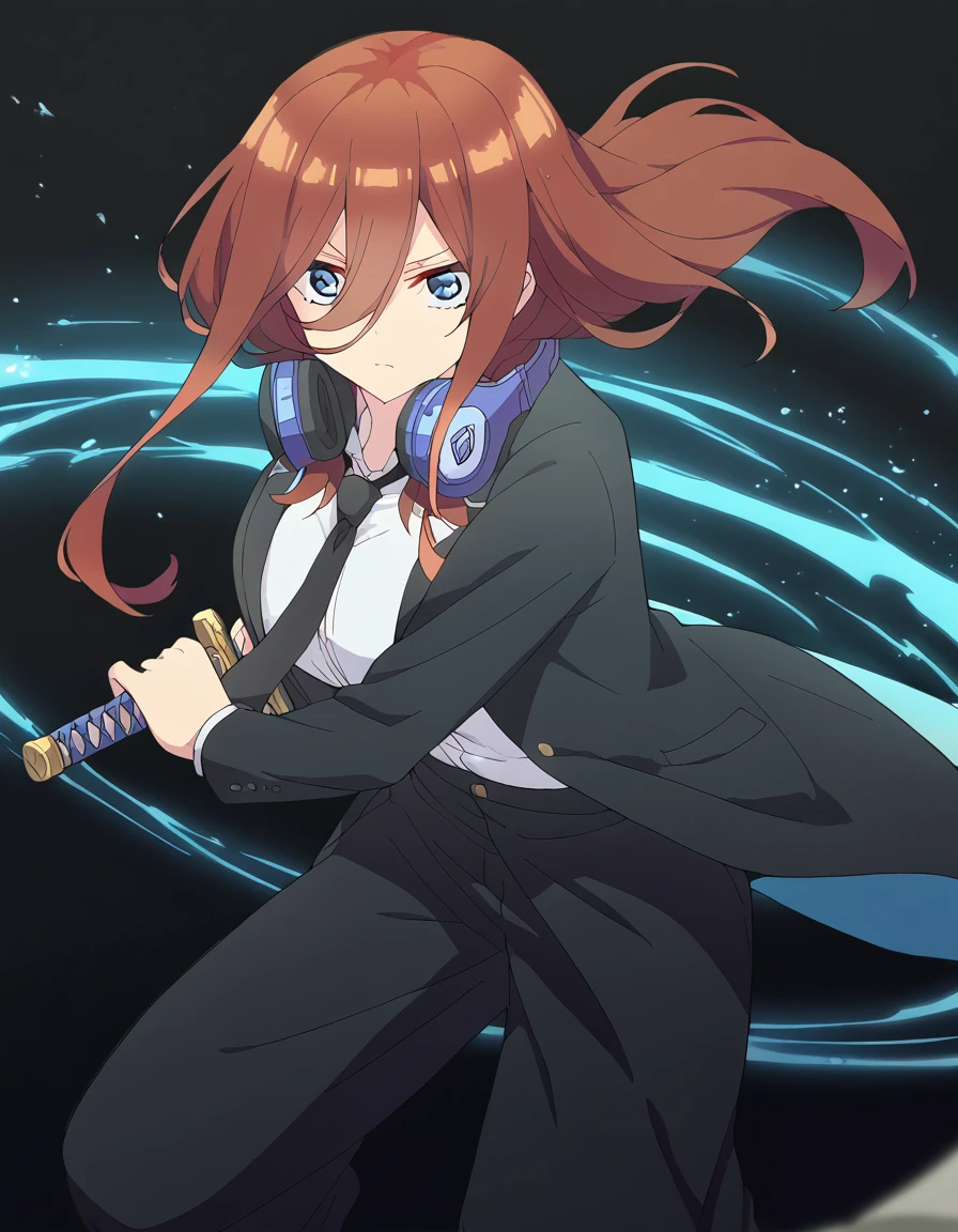 score_9, score_8_up, score_7_up, source_anime, <lora:miku-nakano-s2-ponyxl-lora-nochekaiser:1>, miku nakano, long hair, bangs, blue eyes, brown hair, hair between eyes, headphones, headphones around neck, large breasts, anime screencap, <lora:battoujutsu-stance-ponyxl-lora-nochekaiser:1>, battoujutsu stance, looking at viewer, holding, weapon, sword, holding weapon, holding sword, standing, katana, sheath, sheathed, fighting stance, ready to draw, shirt, long sleeves, jacket, white shirt, necktie, collared shirt, pants, black jacket, floating hair, black pants, formal, suit, black necktie, black suit, pant suit,,
