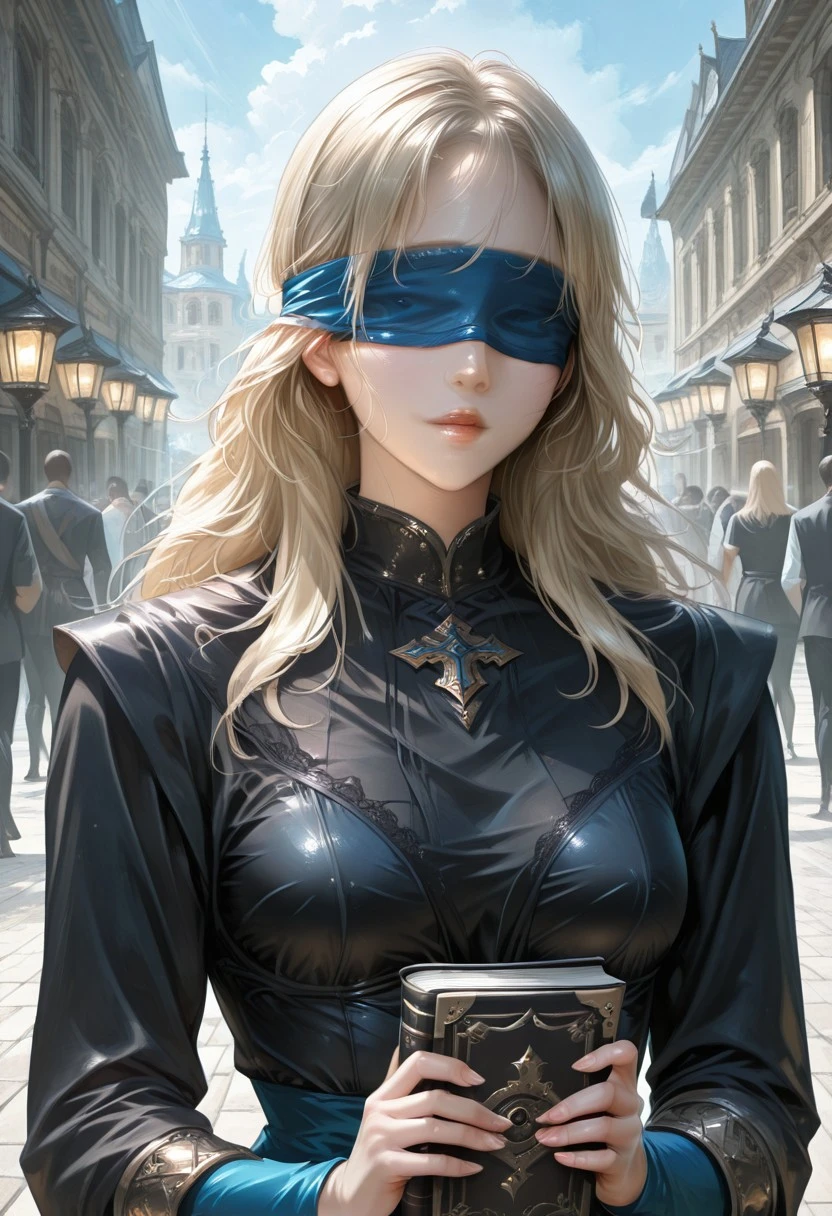 Cassia song of the fallen, long hair, blonde hair, blue blindfold, black dress, holding a book,
In the living room, a lantern beside her,
outdoor, outdoors, crowd, crowds background,
score_9, score_8_up, score_7_up, score_6_up, source_anime, masterpiece, best quality, skindentation, anime artwork, intricately detailed photorealism, very detailed, highly detailed texture, cinematic illumination, volumetric lighting, detailed face, detailed skin, detailed eyes, rating_explicit, concept art, absurdres, highres, hd, ultra hd quality details, Expressiveh, solo focus, 1girl,