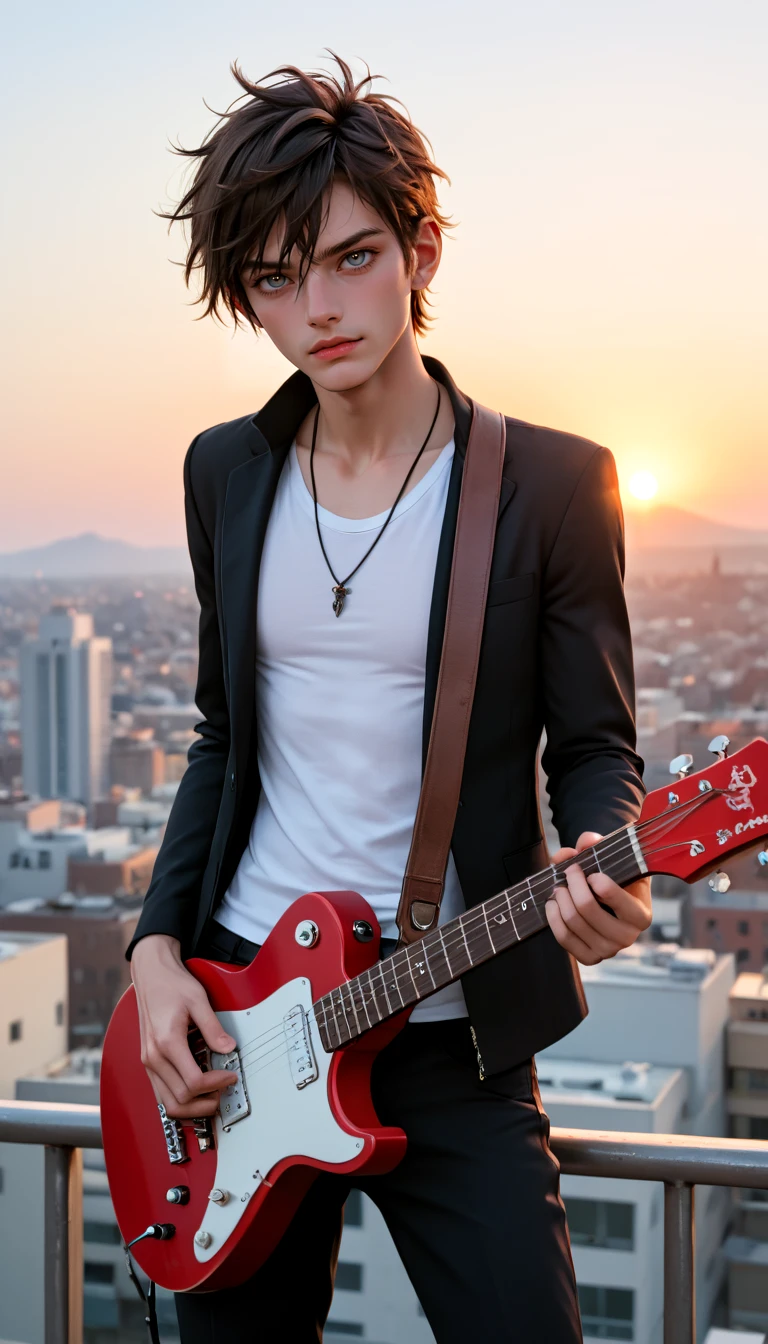 Cowboy Shot, A punk adult man, playing an red guitar, high atop the rooftops, sunset, golden hour lighting, depth of field, dynamic angle, fashion photography, sharp, hyperdetailed:1.15, 4n1v3rs3