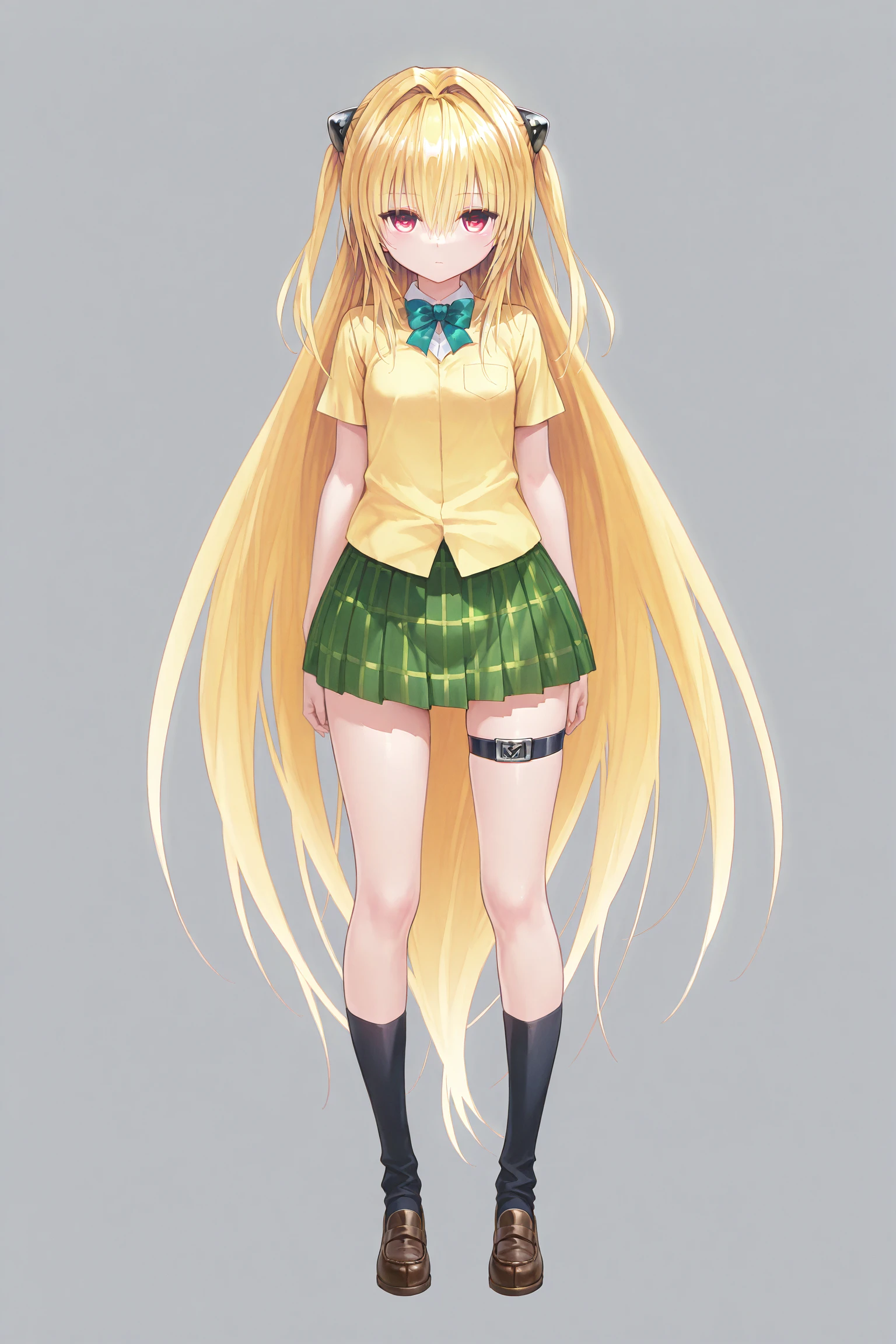 1girl,solo,konjiki no yami,long hair,blonde hair,red eyes,very long hair,two side up,hair intakes,hair ornament,small breasts,
bowtie,sainan high school uniform,yellow shirt,pleated skirt,green skirt,plaid skirt,black socks,loafers,thigh strap,
standing,looking at viewer,simple background,
masterpiece,best quality,good quality,newest,highres,absurdres,