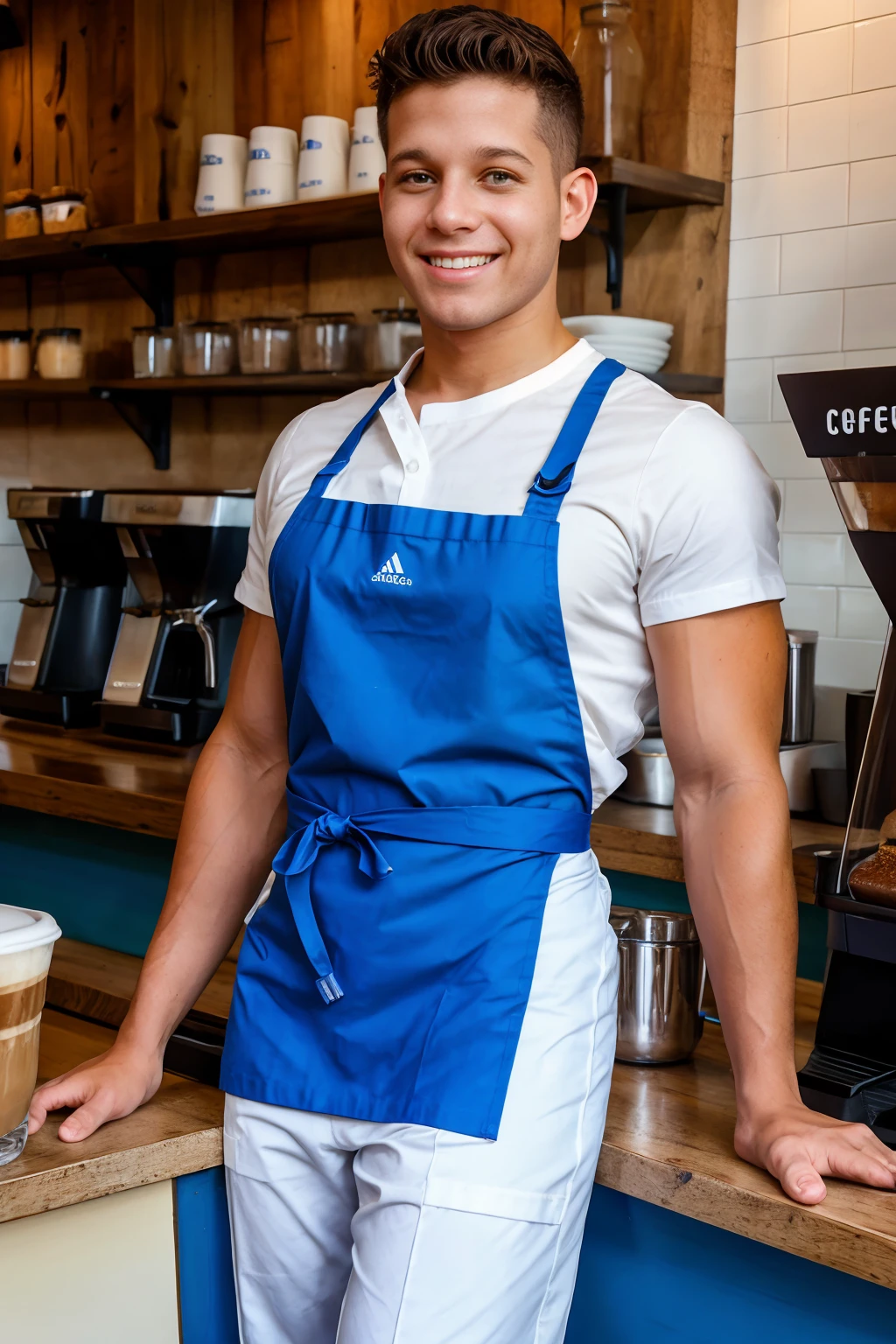 coffee shop, standing behind the counter, holding cup of coffee, smiling, NicoliCole is a coffee barista, wearing white shirt, pants, sneakers, (blue barista apron), (male focus:1.2), wide angle <lora:NicoliCole:0.8>