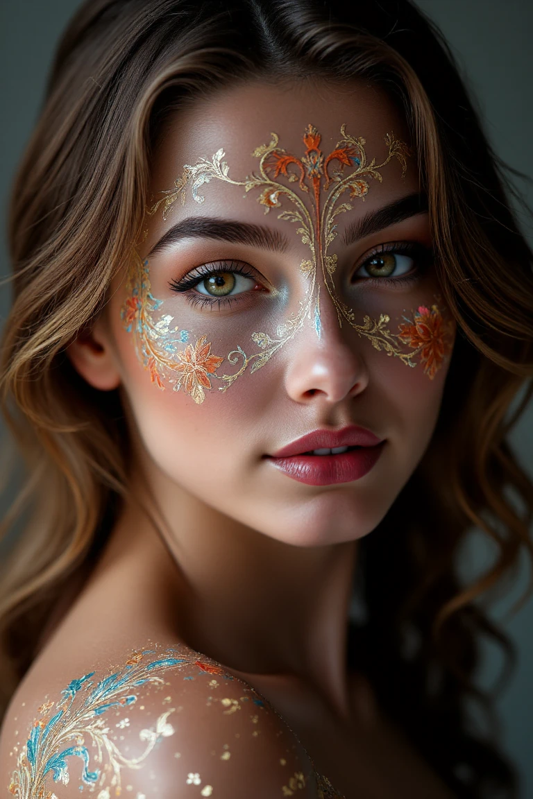 <lora:DGLO_style_v.81:0.75> Intricate, fine, meticulously detailed, swirling floral pattern of a brightly glowing bodypaint in DGLO style. She has a knowing smile on her face. A part of her bodypaint is painted on her fair skin swimsuit with metal sheen, which covers her subtly, modest form and highlights her slender, young and elegant physique.