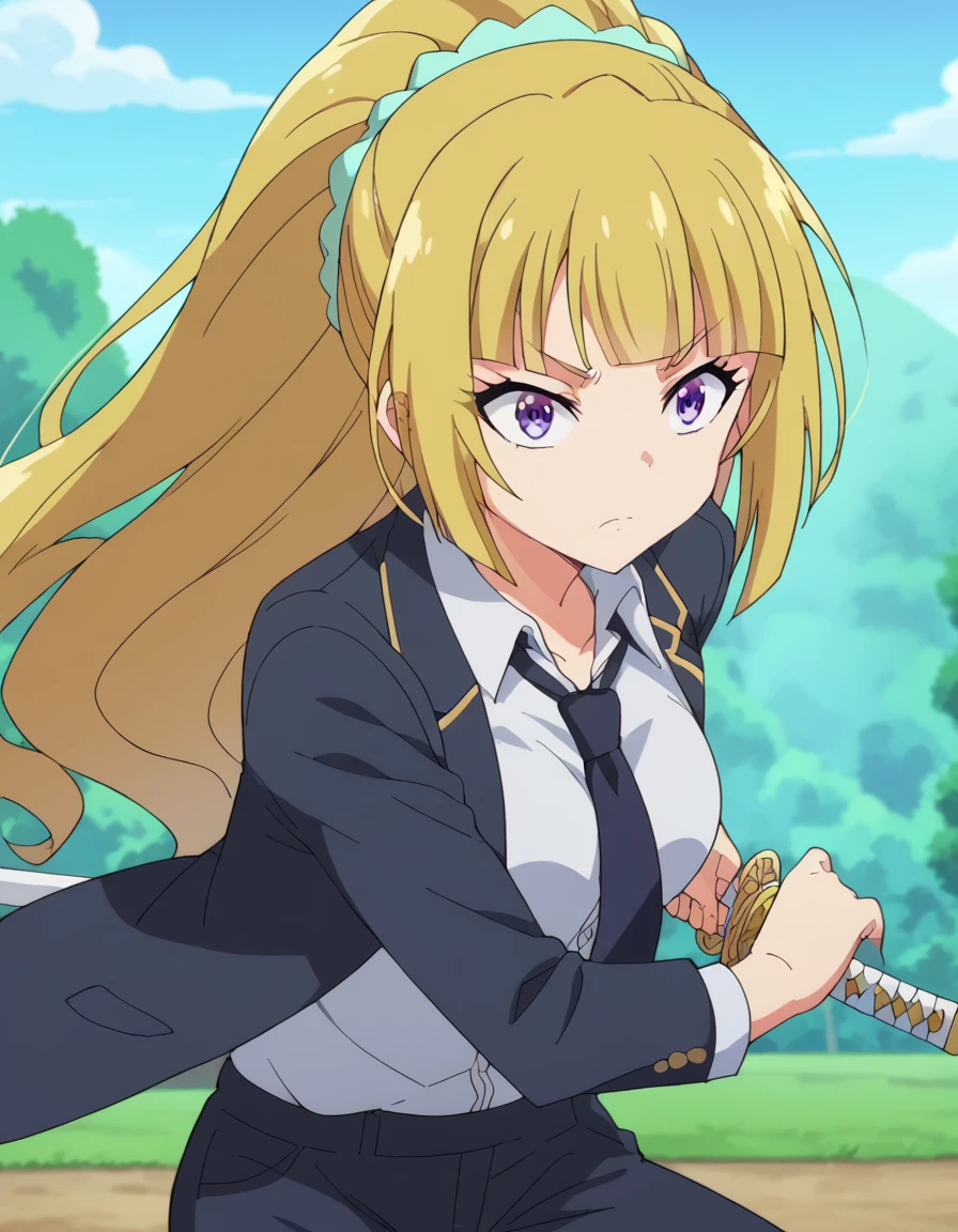 score_9, score_8_up, score_7_up, source_anime, <lora:kei-karuizawa-anime-s2-ponyxl-lora-nochekaiser:1>, kei karuizawa, long hair, bangs, blunt bangs, purple eyes, blonde hair, hair ornament, ponytail, scrunchie, blue scrunchie, medium breasts, anime screencap, <lora:battoujutsu-stance-ponyxl-lora-nochekaiser:1>, battoujutsu stance, looking at viewer, holding, weapon, sword, holding weapon, holding sword, standing, katana, sheath, sheathed, fighting stance, ready to draw, shirt, long sleeves, jacket, white shirt, necktie, collared shirt, pants, black jacket, floating hair, black pants, formal, suit, black necktie, black suit, pant suit,,