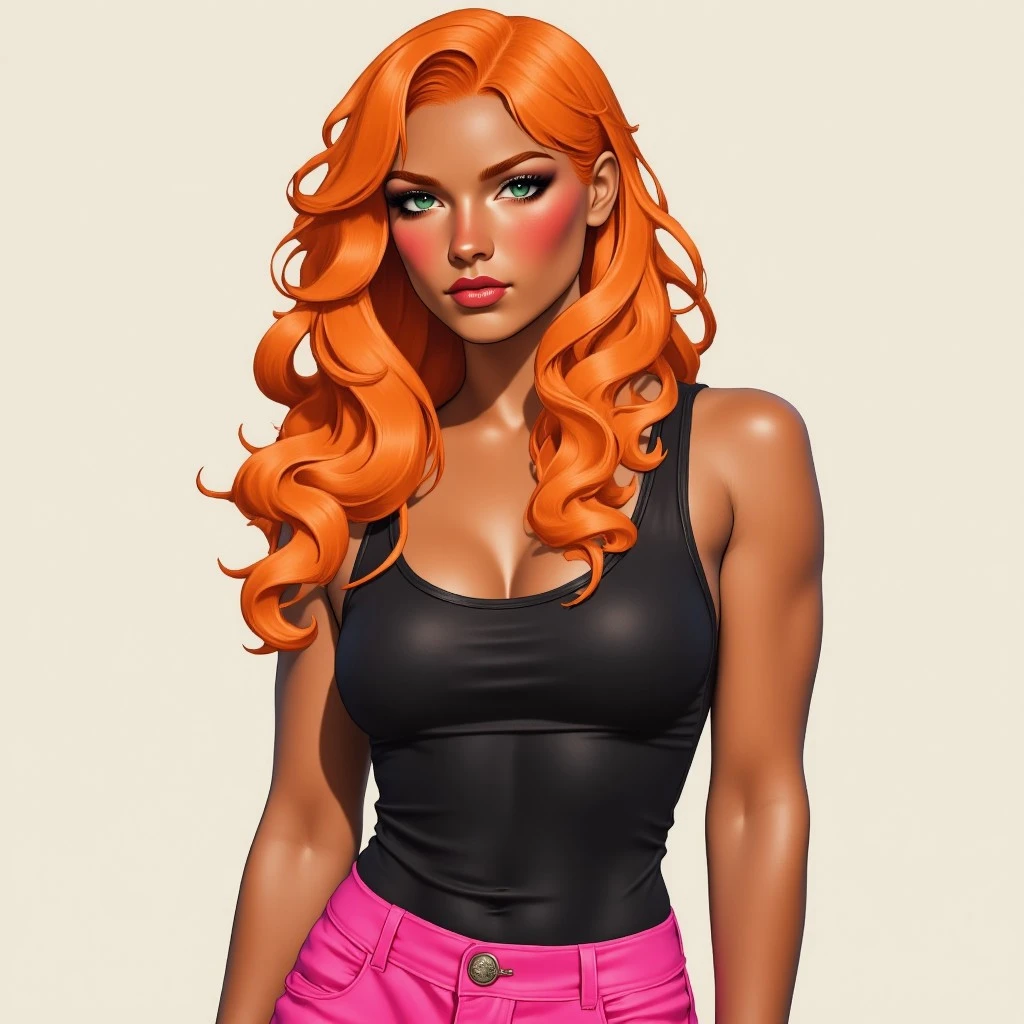 1woman,orange hair,green eyes,dark-skinned female, black tank top,pink pants,long hair,wavy hair,upper body,hands out of frame