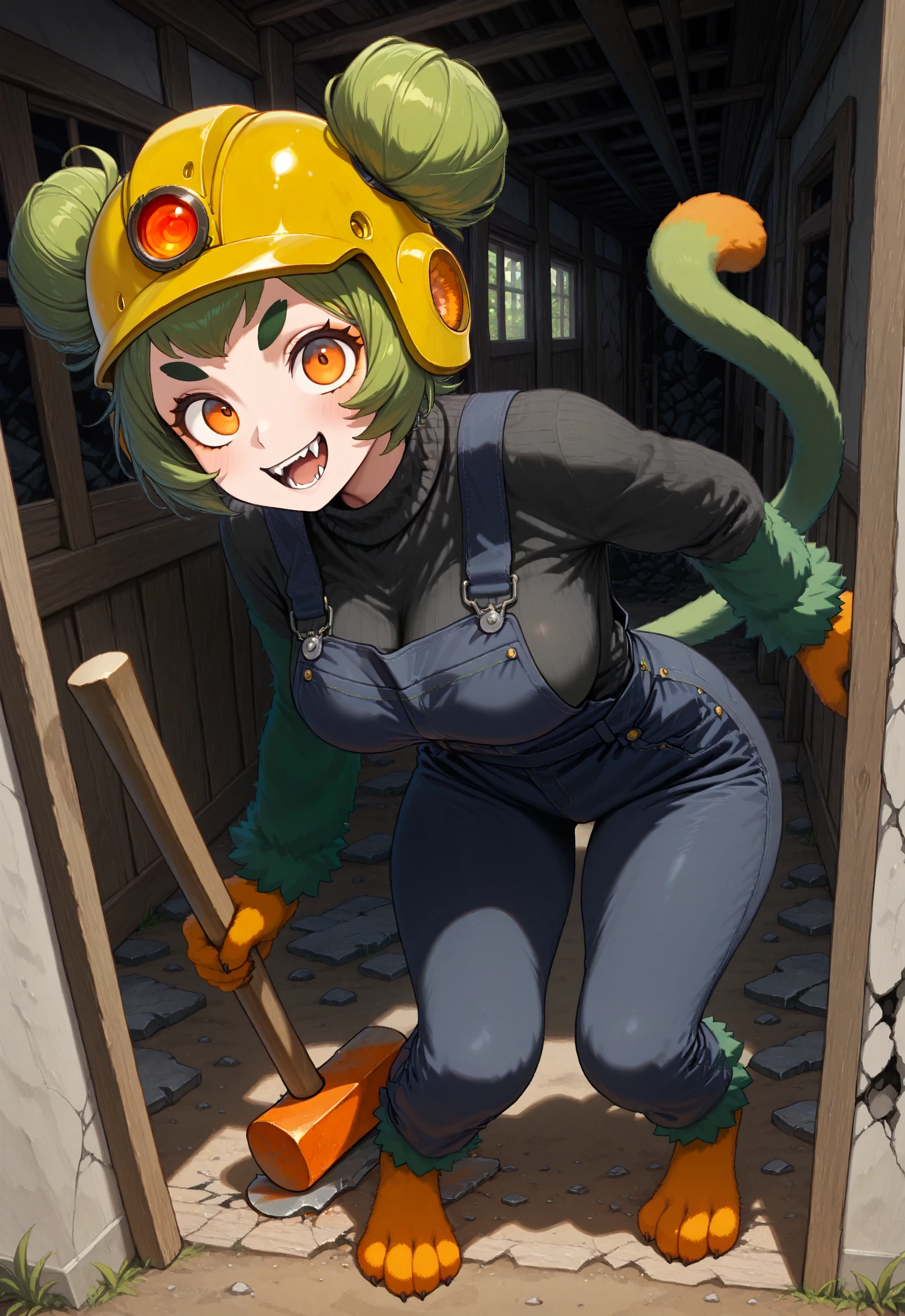 masterpiece,best quality,amazing quality,1girl,izzym, portait, dark blue overalls,black short leeved cardigan,construction helmet,  outside, holding sledge hammer, inside old house, broken down wall, showing teeth, animal fangs, broken window,