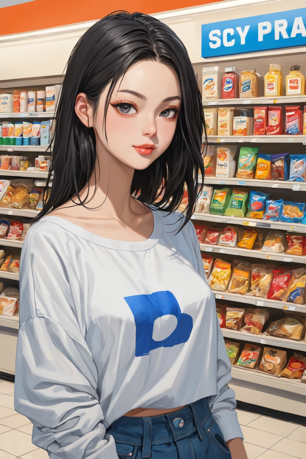 A ultradetailed beautiful panting of a stylish girl wearing streetwear in a convenience store, Oil painting, by Ilya Kuvshinov, Greg Rutkowski and Makoto Shinkai