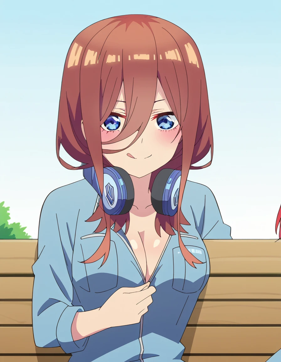 score_9, score_8_up, score_7_up, source_anime, <lora:miku-nakano-s2-ponyxl-lora-nochekaiser:1>, miku nakano, long hair, bangs, blue eyes, brown hair, hair between eyes, headphones, headphones around neck, large breasts, anime screencap, <lora:yaranaika-ponyxl-lora-nochekaiser:1>, yaranaika, looking at viewer, blush, smile, cleavage, sitting, collarbone, tongue, tongue out, naughty face, licking lips, bench, unzipping, jumpsuit, pants, pocket, breast pocket,, ,
