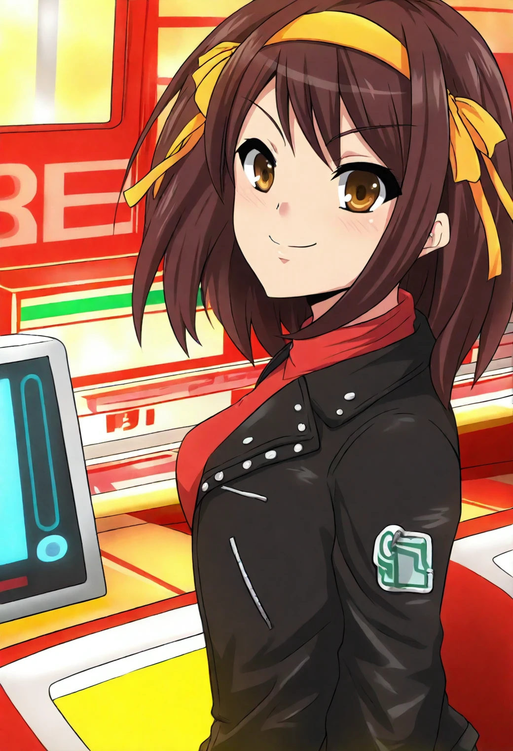 <lora:Haruhi Suzumiya - [The Melancholy of Haruhi Suzumiya] - illustriousXL v1:1>, sysdeep_haruhi,, medium hair, hairband, brown hair, brown eyes, anime coloring, 1girl, solo, futuristic diner, holographic jukebox, neon milkshake, leather jacket, sci-fi aesthetic, cheerful smile