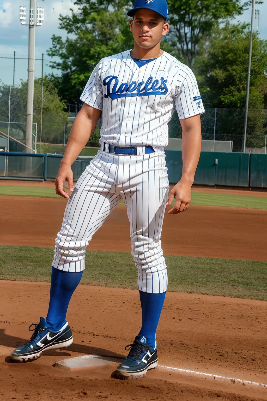 baseball field, outdoors, standing, NicoliCole is a baseballplayer, slight smile, baseball uniform, (white jersey:1.3) with blue pinstripes, (white pants) with blue pinstripes, (blue socks), long socks, baseball cap, mitt, (black sneakers), latino male, ((full body portrait)), wide angle <lora:Clothing - Sexy Baseball Player:0.70> <lora:NicoliCole:0.8>
