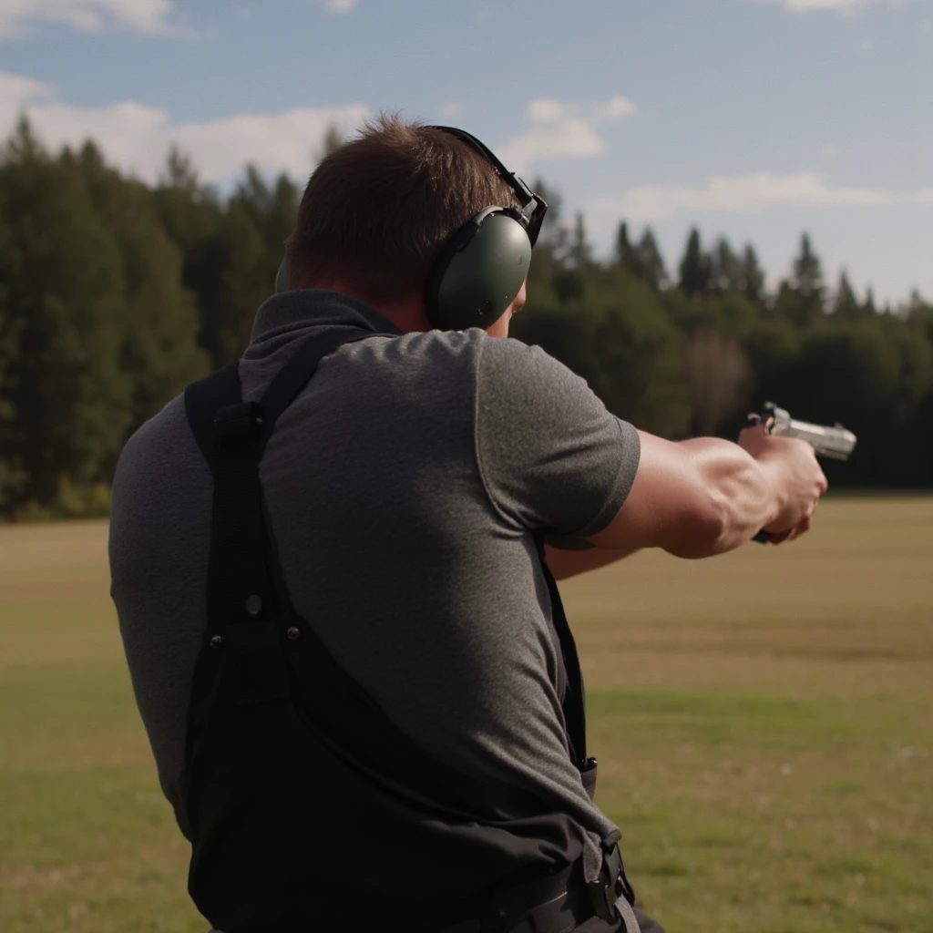 Hyperrealistic art of <lora:gun TTI JW4 Pit Viper style v1:1>
a man from behind sided is shooting a gun at a target, Extremely high-resolution details, photographic, realism pushed to extreme, fine texture, incredibly lifelike