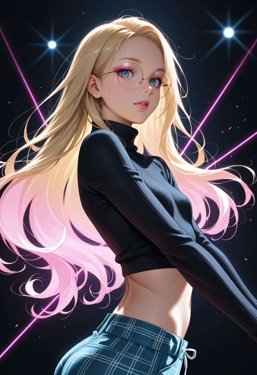 depth of field, focused subject, ((dynamic angle)), sexy pose, best quality, detailed eyes, perfect eyes, realistic eyes,
blonde hair, pink highlights, loose curls, long hair, blue eyes, ((full lips)), (mascara), pink makeup, (round glasses),
slim body, small ass, small breast,
(black turtleneck sweater), cropped sweater,
(blue plaid shorts),
BREAK,
dynamic pose,
movie perspective, black background, neon lines, neon circles, neon light, abstract background, dark background, ((dynamic lights))