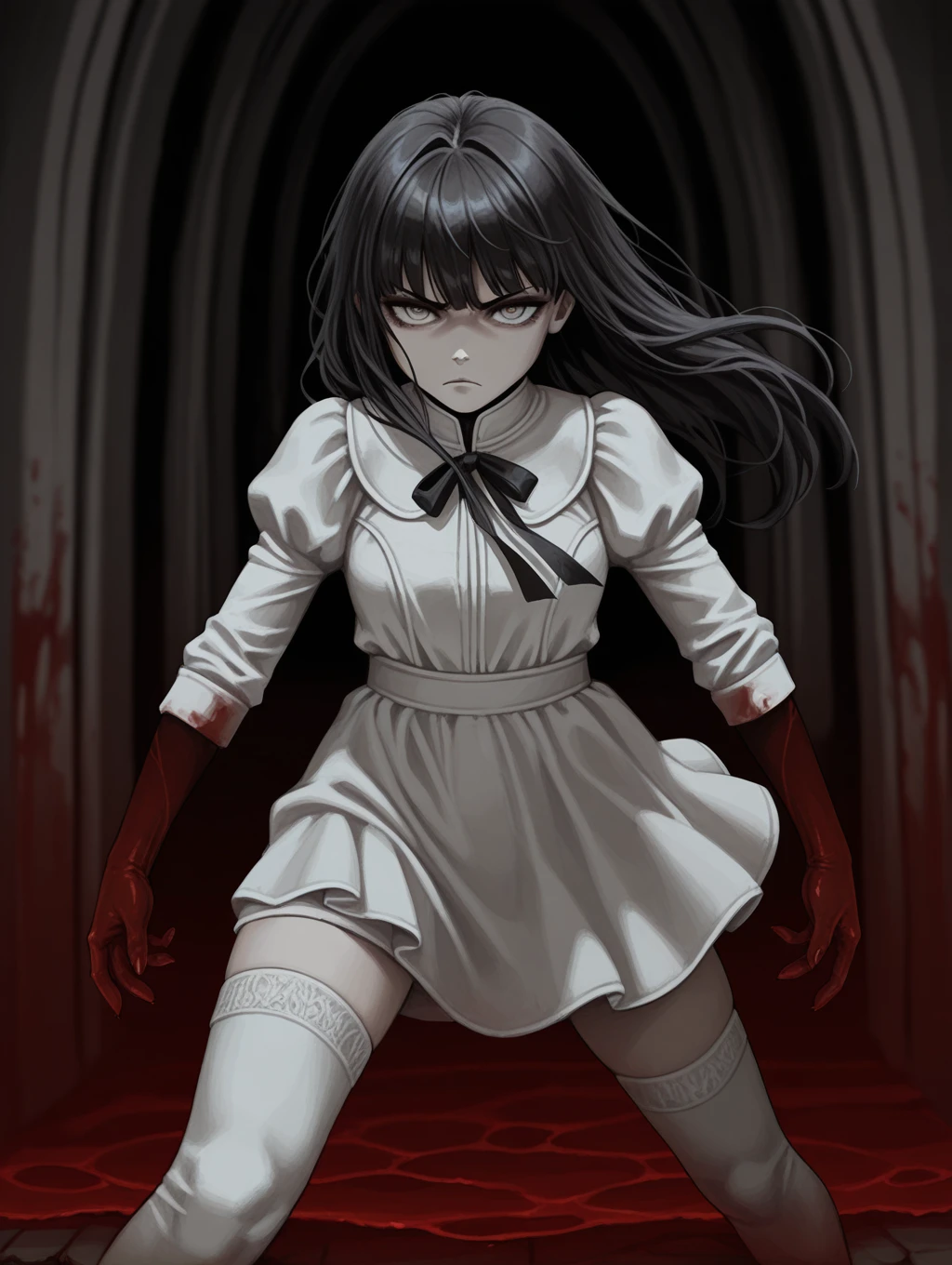 from_front, foreshortening, 1girl, serious, white shirt, white skirt, white thighhighs, long hair, black hair, dark ambient, blood, depth of field, detailed background, masterpiece, best quality, amazing quality, <lora:FearAndHunger_Style:1.5>