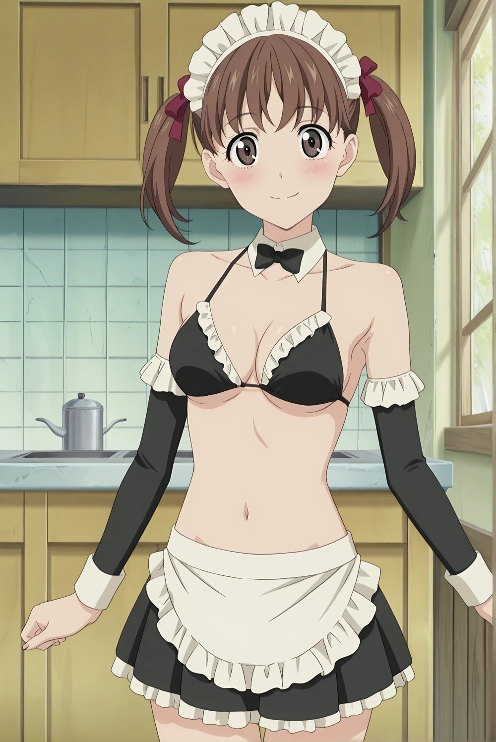 score_10, score_9, score_8_up, score_7_up, BREAK, source_anime, anime screencap, anime coloring, detailed face, 1girl, TachibanaKotoha, brown hair, medium hair, forehead, amber eyes, hair behind ear, earrings, mole under eye, sexy frilled pink micro maid bikini, maid katyusha, waist apron, pink collar, pink cuffs, pink zettai ryouiki thighhighs, thigh gap, groin, partially visible vulva, wedgie, undersized clothes, indoor, standing at the kitchen, holding dildos, warts,dildo, frown, serious, open mouth, house, thigh gap, unshaven hairy natural armpit hair, unshaven hairy natural public hair, milf