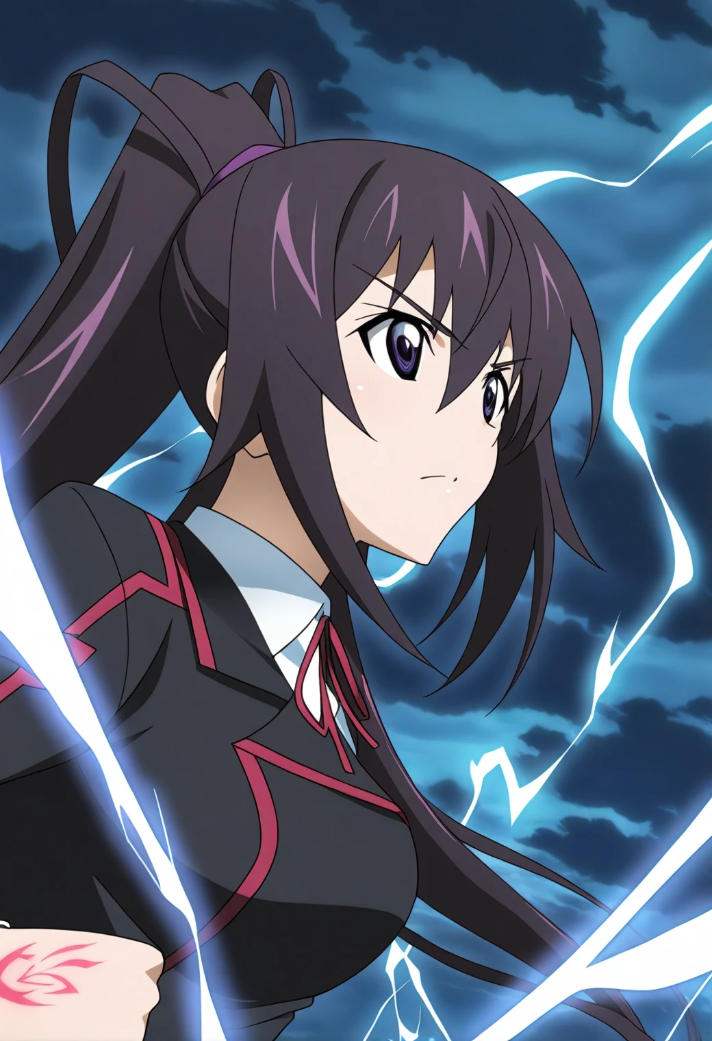 <lora:Houki Shinonono - [Infinite Stratos] - illustriousXL v1:1>, sysdeep_houki, very long hair, ponytail, anime coloring, summoning lightning, one-piece outfit, glowing tattoos, stormy sky, power stance