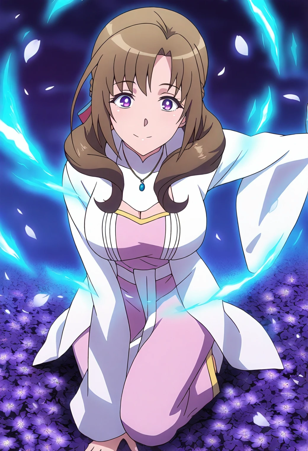 <lora:Mamako Oosuki - [Do You Love Your Mom and Her Two-Hit Multi-Target Attacks] - illustriousXL v1:1>, sysdeep_mamako, long hair, brown hair, purple eyes, mature, anime coloring, 1girl, solo, sacred spring, kneeling, glowing water, holy aura, priestess robes, serene expression, flower petals, magical ritual