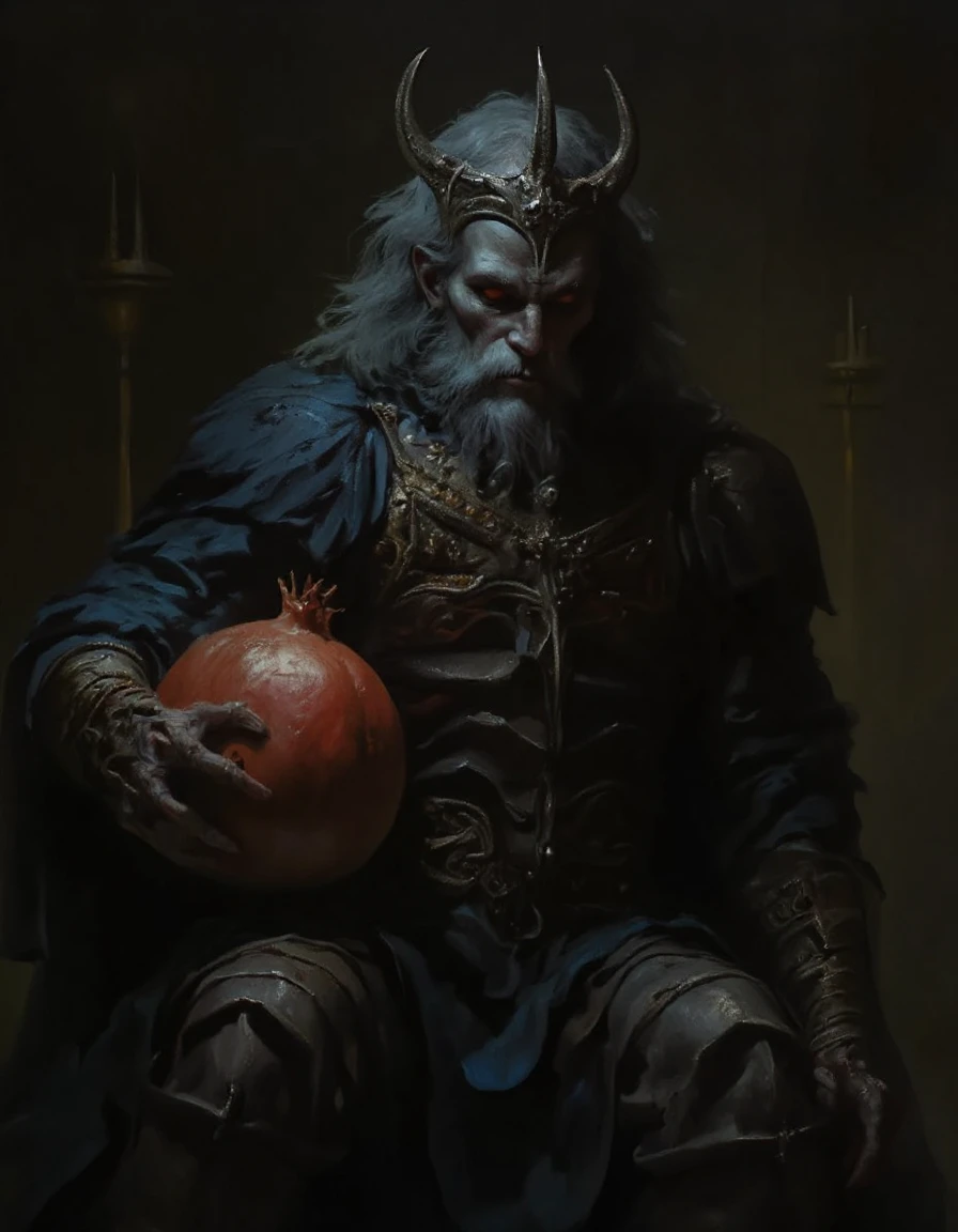 Fantasy painting portrait of the god of death holding a pomegranate and sitting on his throne in a dark chamber of his hellish palace evil foreboding