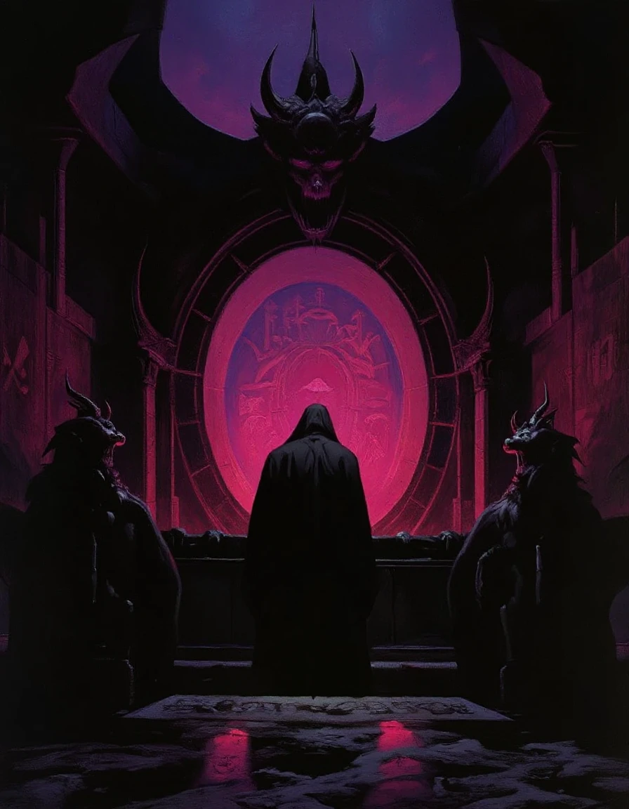 Fantasy painting of a dark subterranean temple with an evil priest in black robes at his altar carved with dragon forms and a menacing red-purple glow on black onyx glossy stones with magical rune inscriptions