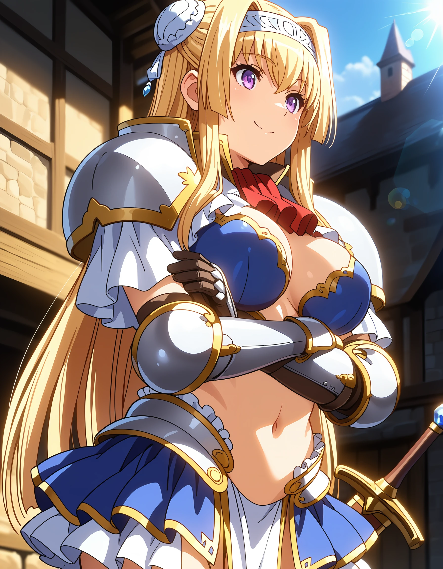 best quality, masterpiece, anime_screencap, hi res, best_quality, very aesthetic, absurdres, 8k, acak, 1girl, solo, female_focus,
hair bun, double bun, bun cover, headband,
glamorous, slender, voluptuous,
large_breasts,
smile, happy,looking_at_another,
bikini armor, armor, red bow, pauldrons, gauntlets, thighhighs,
sheathed, sword,
navel,
standing, crossed_arms,, fantasy, outdoors, beautiful lighting, ray traced, lens_flare, sunshine, beautiful sky, town