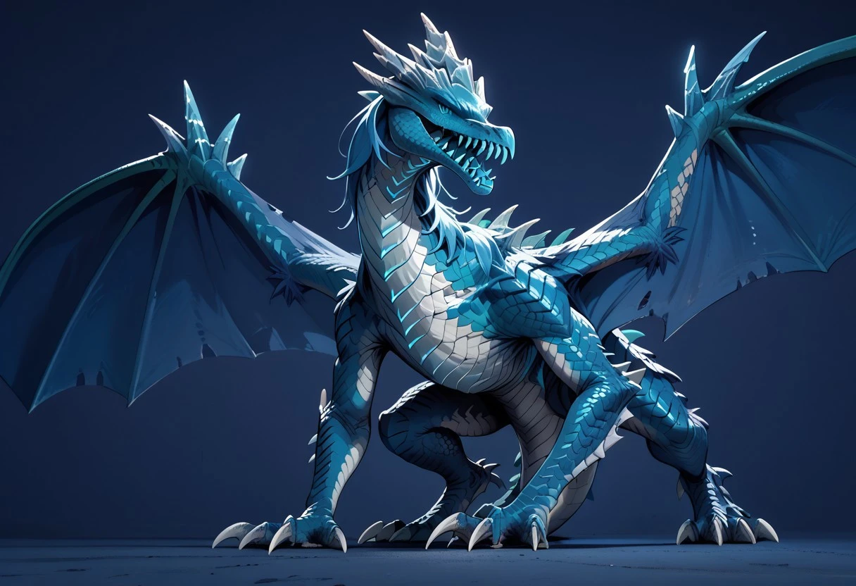 masterpiece,best quality, highly detailed, score_9, score_8_up, score_7_up, score_6_up, winter_wyvern_dota2, open mouth, wings, dragon, simple background, sharp teeth, tail, claws, teeth, blue background, fangs, scales, spikes