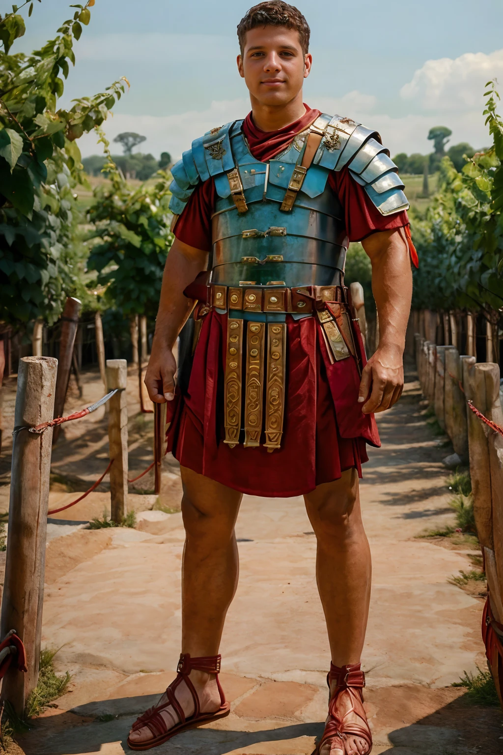 in a roman vineyard, NicoliCole is wearing loriseg armor, (red tunic), (red shirt), (sandals), slight smile, (male focus), (((full body portrait))), (full body), wide angle, <lora:loriseg:0.7> <lora:fantrome_v3:0.60> <lora:NicoliCole:0.8>