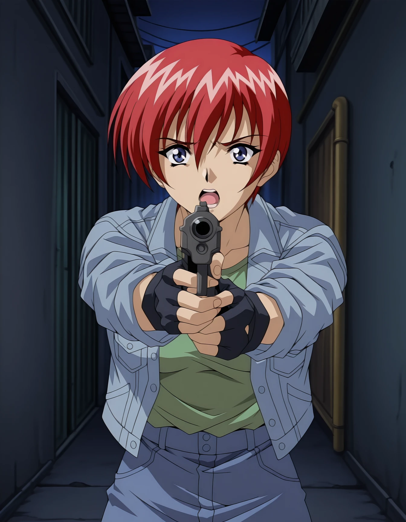 <lora:shuusaku-ova-illustrious-000008:1> asami, short hair, denim jacket, green shirt, t-shirt, denim skirt, fingerless gloves, 1girl, solo, furrowed brow, open mouth, dramatic, aiming, aiming at viewer, trigger discipline, gun, alley, night, masterpiece, best quality