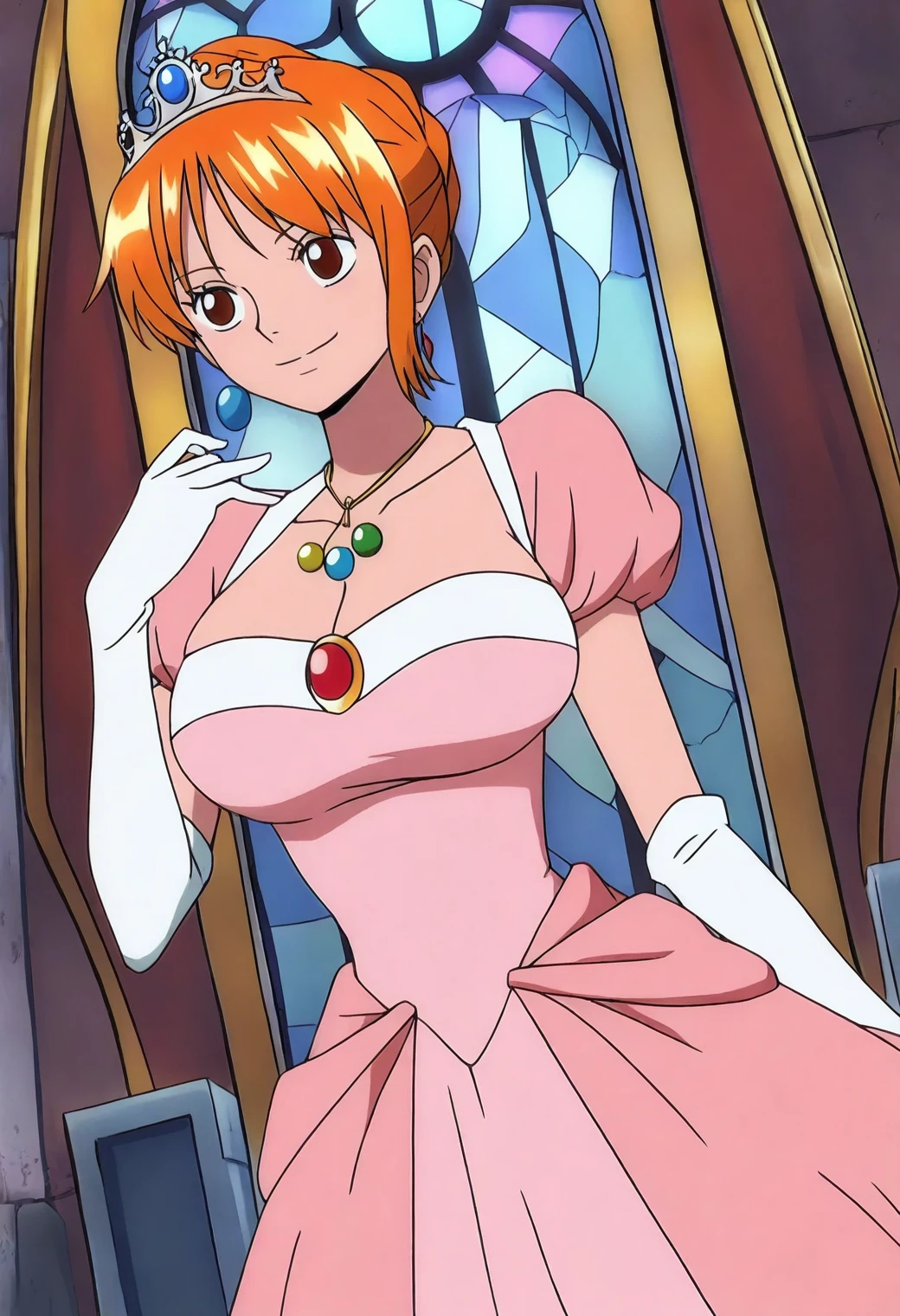 <lora:Nami (Pre Timeskip) - [One Piece] - illustriousXL v1:1>, sysdeep_nami, large breasts, short hair, orange hair, brown eyes, anime coloring, 1girl, solo, princess, throne room, elegant dress, tiara, jeweled necklace, royal aura, stained glass windows, regal smile