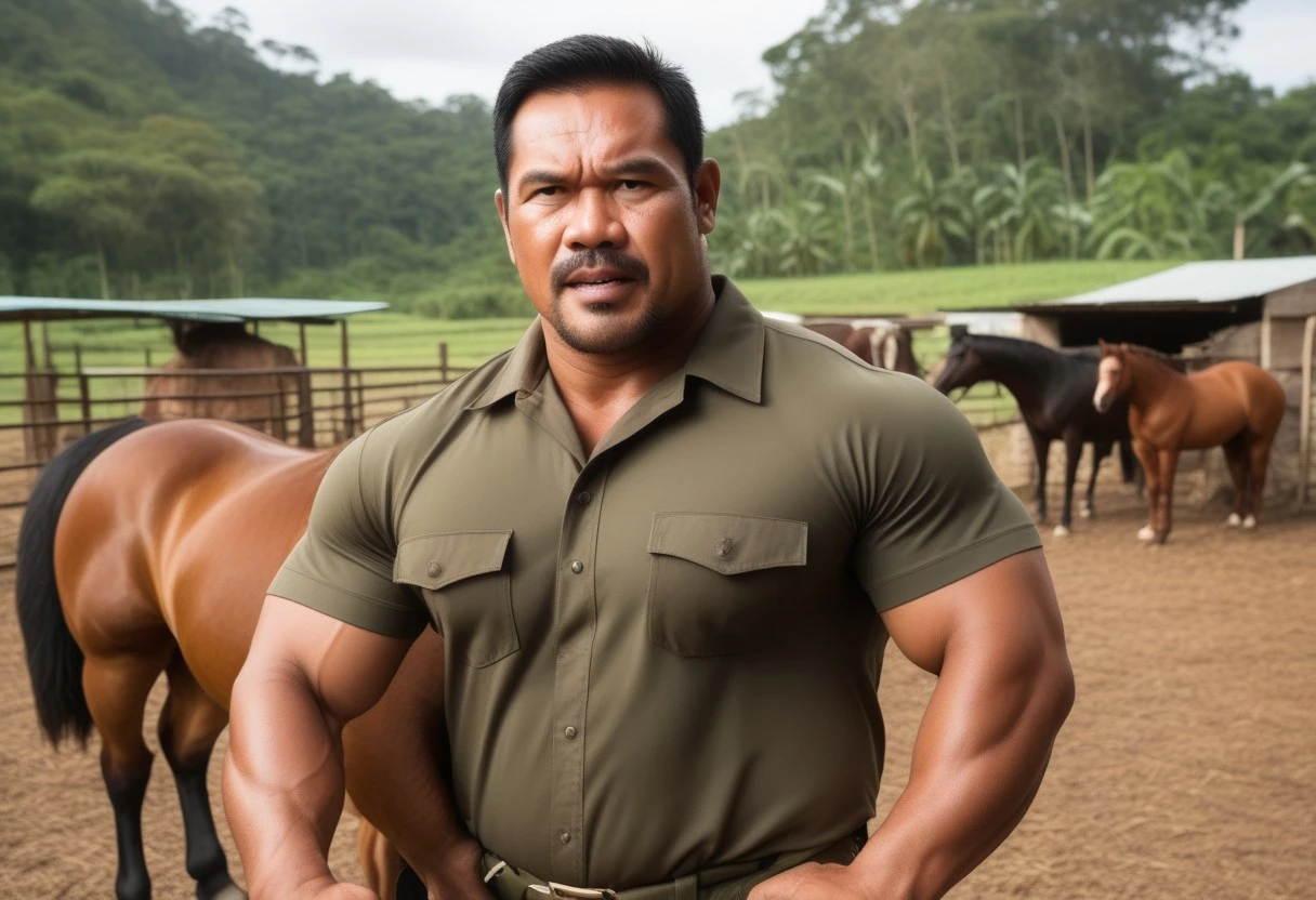 Malay middle-aged man, whole body exposed, dark brown skin, face like Tom Selleck, exposed chest, hairy chest, big genitals, standing proudly, background landscape of foggy pines forest, at morning light in wide angle, high resolution image