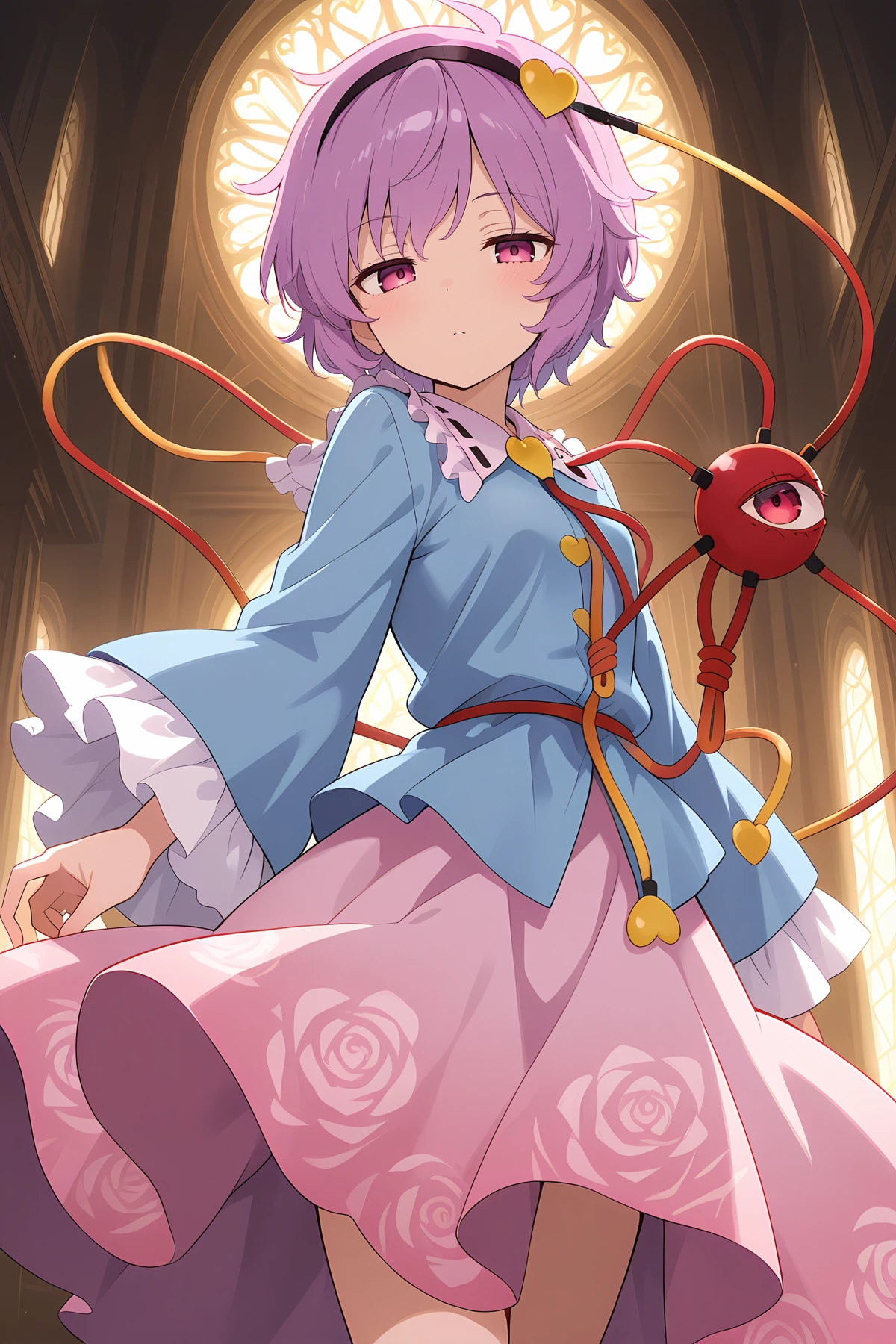absurdres, highres, masterpiece, best quality, amazing quality, official anime artwork, screencap, anime screencap, indoors, palace, dark, office, dynamic pose, looking at viewer,
<lora:Komeiji-Satori_illustrious:1> komeiji satori, 1girl, solo, pink eyes, third eye, pink hair,, hairband, blue shirt, frilled shirt collar, frilled sleeves, wide sleeves, pink skirt,