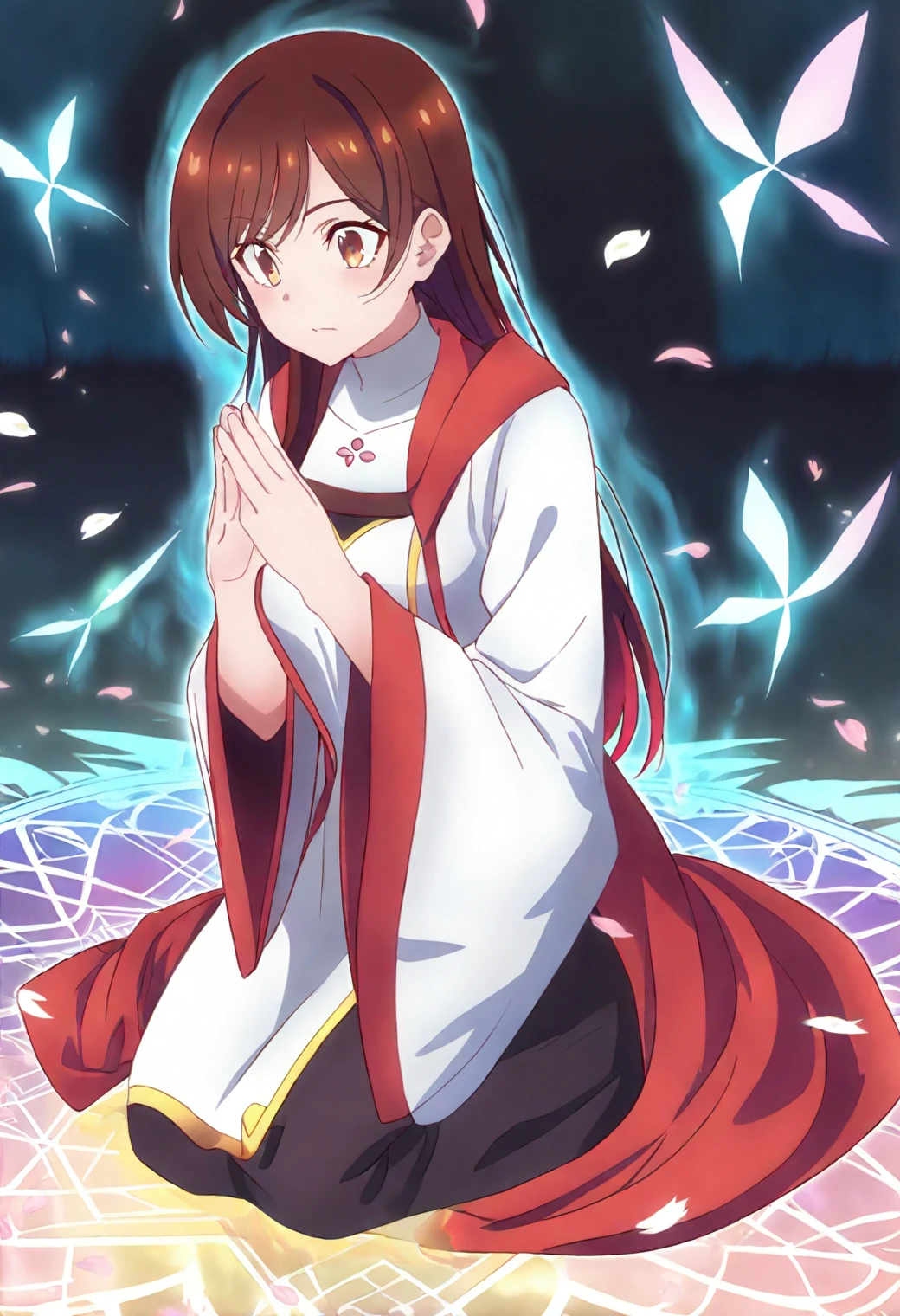 <lora:Chizuru Ichinose - [Rent-a-Girlfriend] - illustriousXL v1:1>, sysdeep_chizuru, long hair, brown hair, brown eyes, 1girl, solo, sacred spring, kneeling, glowing water, holy aura, priestess robes, serene expression, flower petals, magical ritual