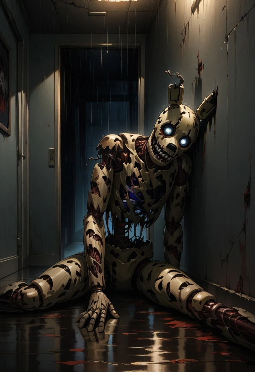 masterpiece, official art, 4k, best quality, high quality, 8k, (contrast), {{{vibrant}}}, ((ultra-detailed)), finely detail, Depth of field, (bloom), ray tracing, 1girl, solo, ominous, scary, (animatronic, female withbonnie:1.2), red glowing eyes, loose wires, amputated left arm, wires, horror (theme), no humans, teeth, rabbit ears, animal ears, blood, robot, bowtie, bow, (small breasts, thick thighs, extra wide hips:1.4), (nude, nipples, navel, pussy:1.3), concrete room, pipes, ventilation, dusty atmosphere, dark room, highres, realistic shadows, black fog, red lens flare, scrap on floor, night time, oil stains,