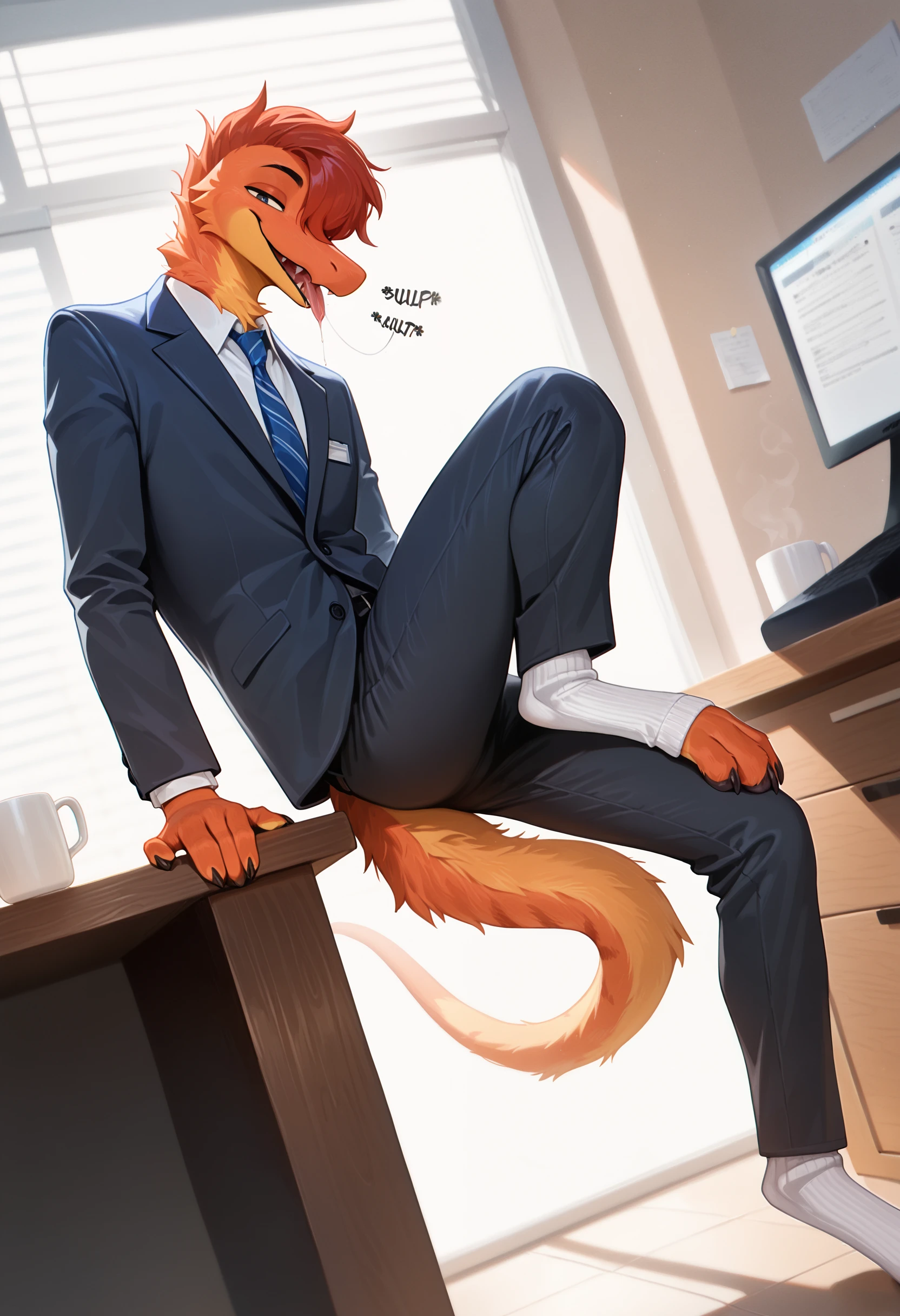 photorealism, photorealistic, chromatic aberration, depth of field, detailed background, reflections, detailed fur, looking at viewer, dutch angle, solo, 1boy, male, squirmle, anthro, no humans, solo, tail, male focus, 1boy, furry, office, leg up, cup of coffee, hair over eye, side styling, hair highlighting, short hair, white socks, digitigrade, saliva, expressive saliva, saliva dipping, flirty expression, seductive glance, sound effect, (artist:syuro:0.8), (artist:nomax:0.5), (artist:honovy:0.6), (artist:kenket:0.6), (artist:taran fiddler:0.6), masterpiece, best quality, amazing quality, very aesthetic, absurdres, newest, <lora:Squirmle_Species_Illustrious:1.0>,